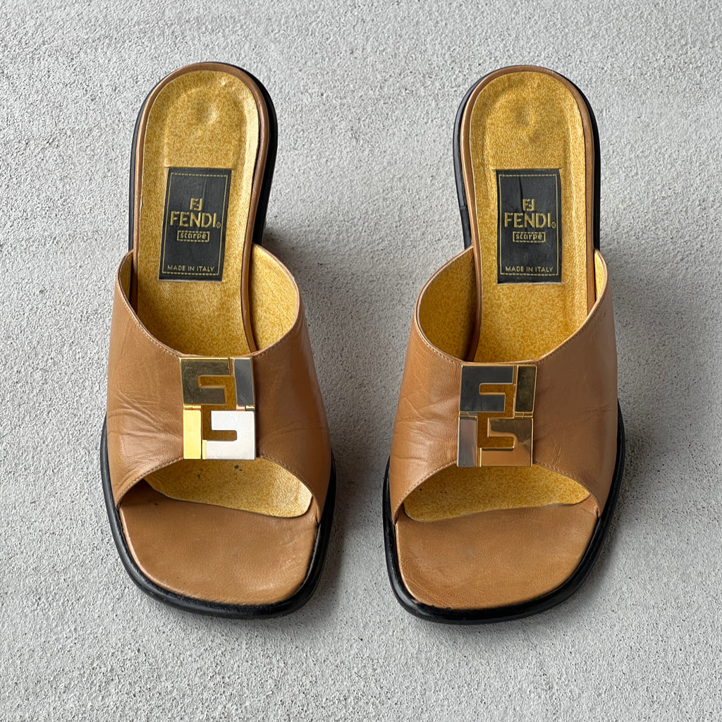 Fendi | Vintage FF Gold Silver Buckle Tan Leather Slide Mules (36.5)