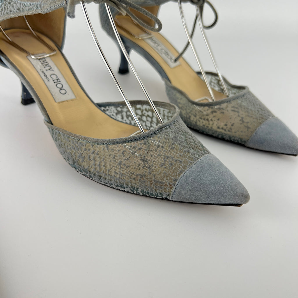 Jimmy Choo | Blue Grey Mesh Leather Ribbon Kitten Heel Pumps (38.5)