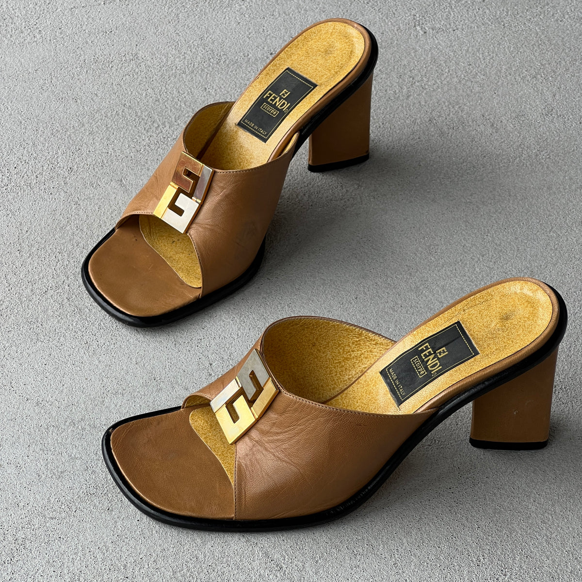 Fendi | Vintage FF Gold Silver Buckle Tan Leather Slide Mules (36.5)