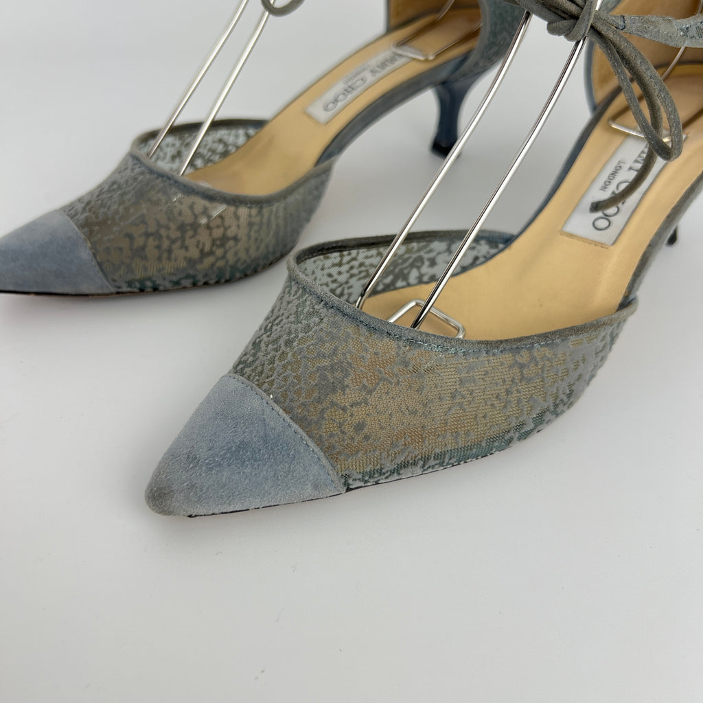 Jimmy Choo | Blue Grey Mesh Leather Ribbon Kitten Heel Pumps (38.5)