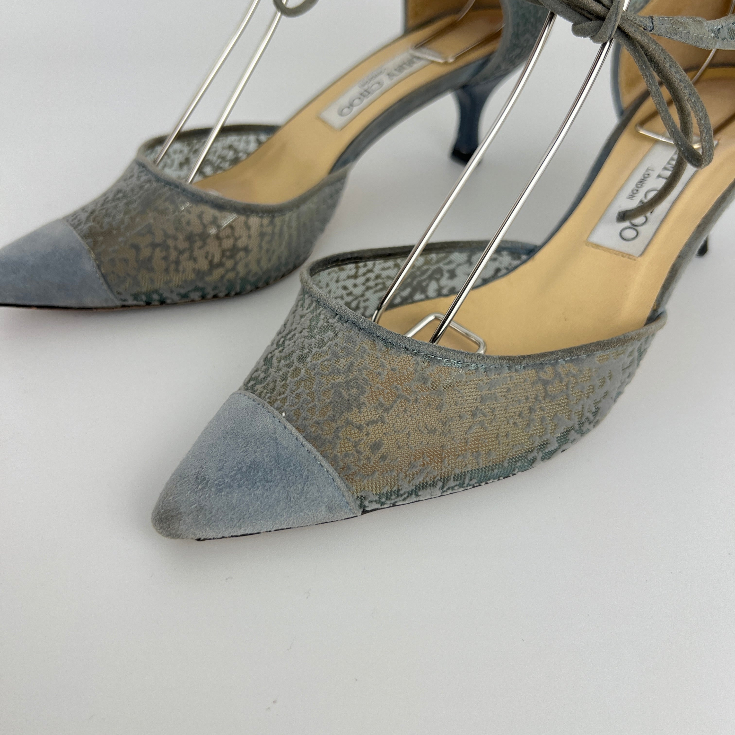 Jimmy Choo | Blue Grey Mesh Leather Ribbon Kitten Heel Pumps (38.5)