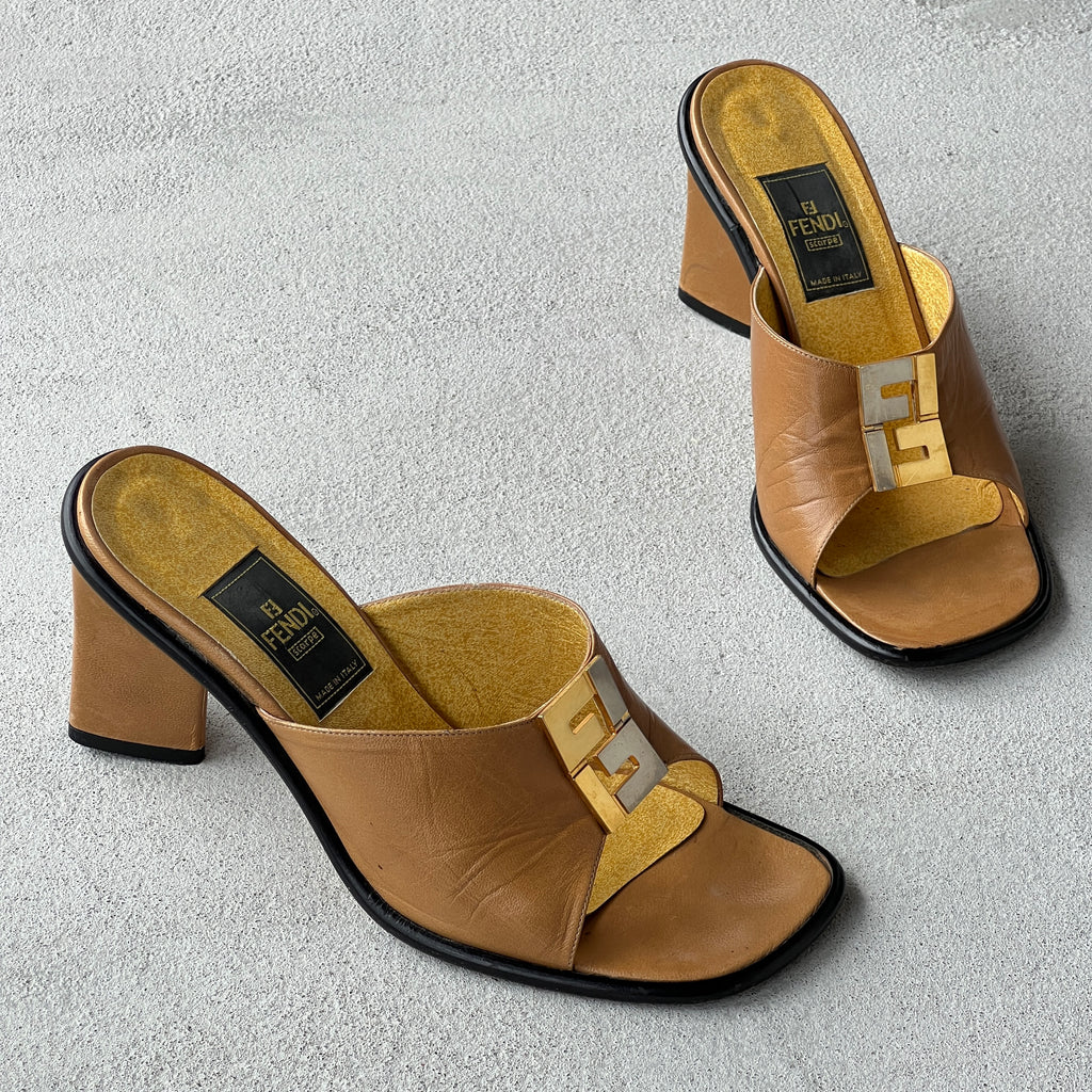 Fendi | Vintage FF Gold Silver Buckle Tan Leather Slide Mules (36.5)