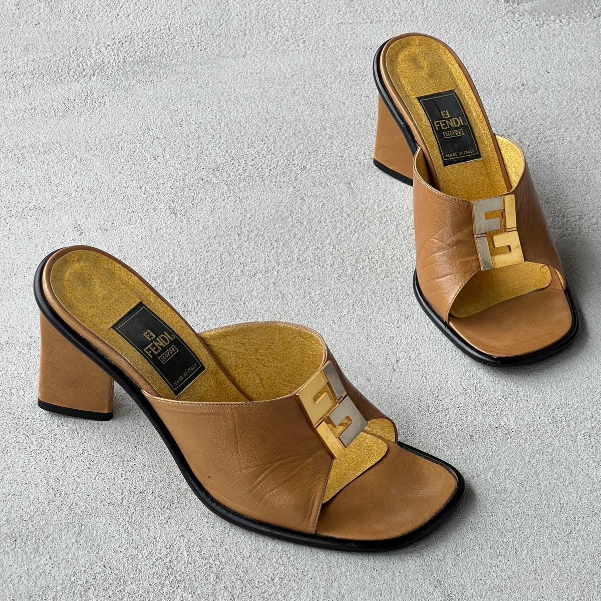 Fendi | Vintage FF Gold Silver Buckle Tan Leather Slide Mules (36.5)