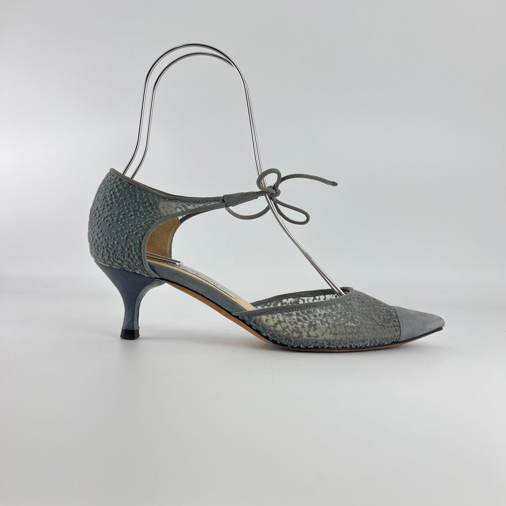 Jimmy Choo | Blue Grey Mesh Leather Ribbon Kitten Heel Pumps (38.5)