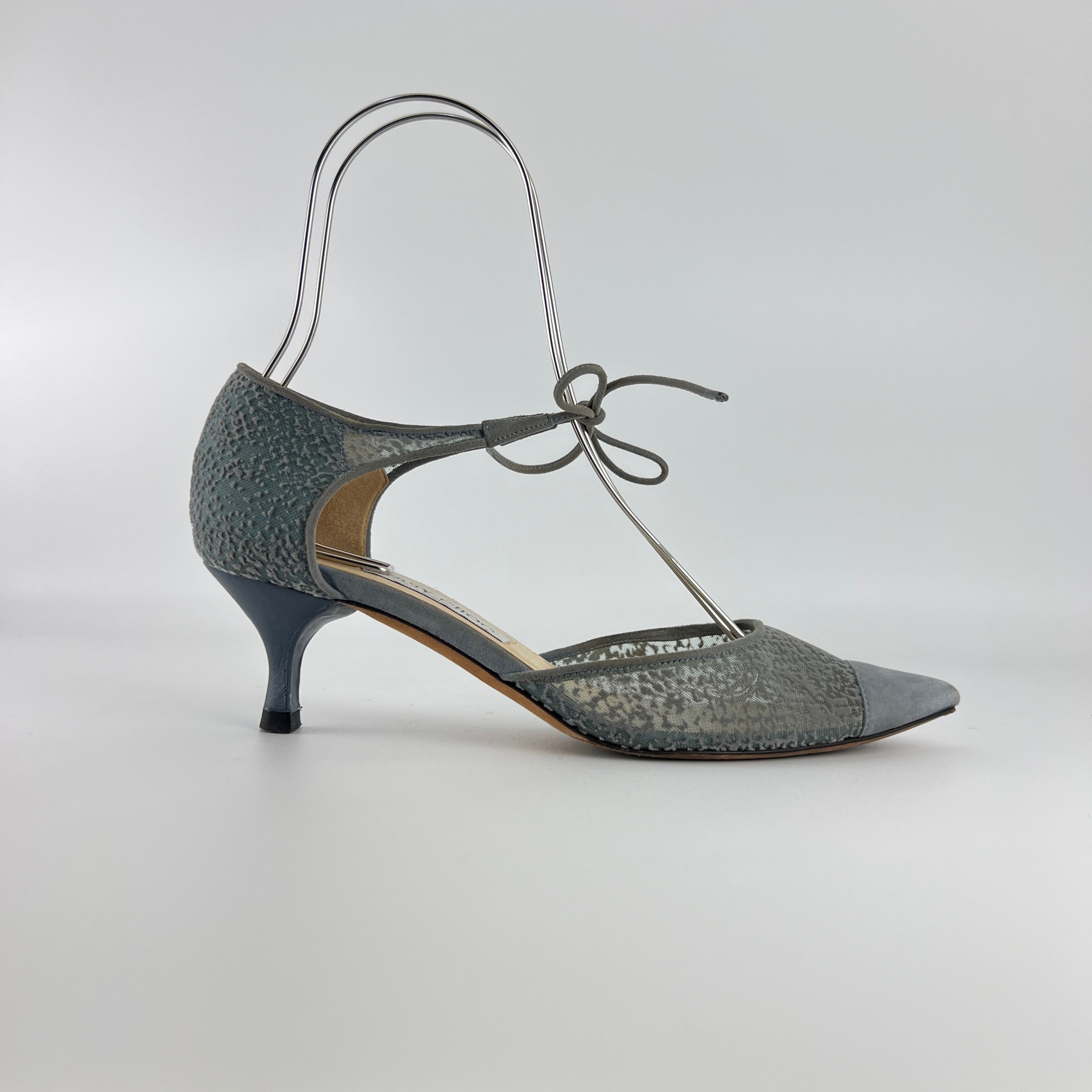 Jimmy Choo | Blue Grey Mesh Leather Ribbon Kitten Heel Pumps (38.5)