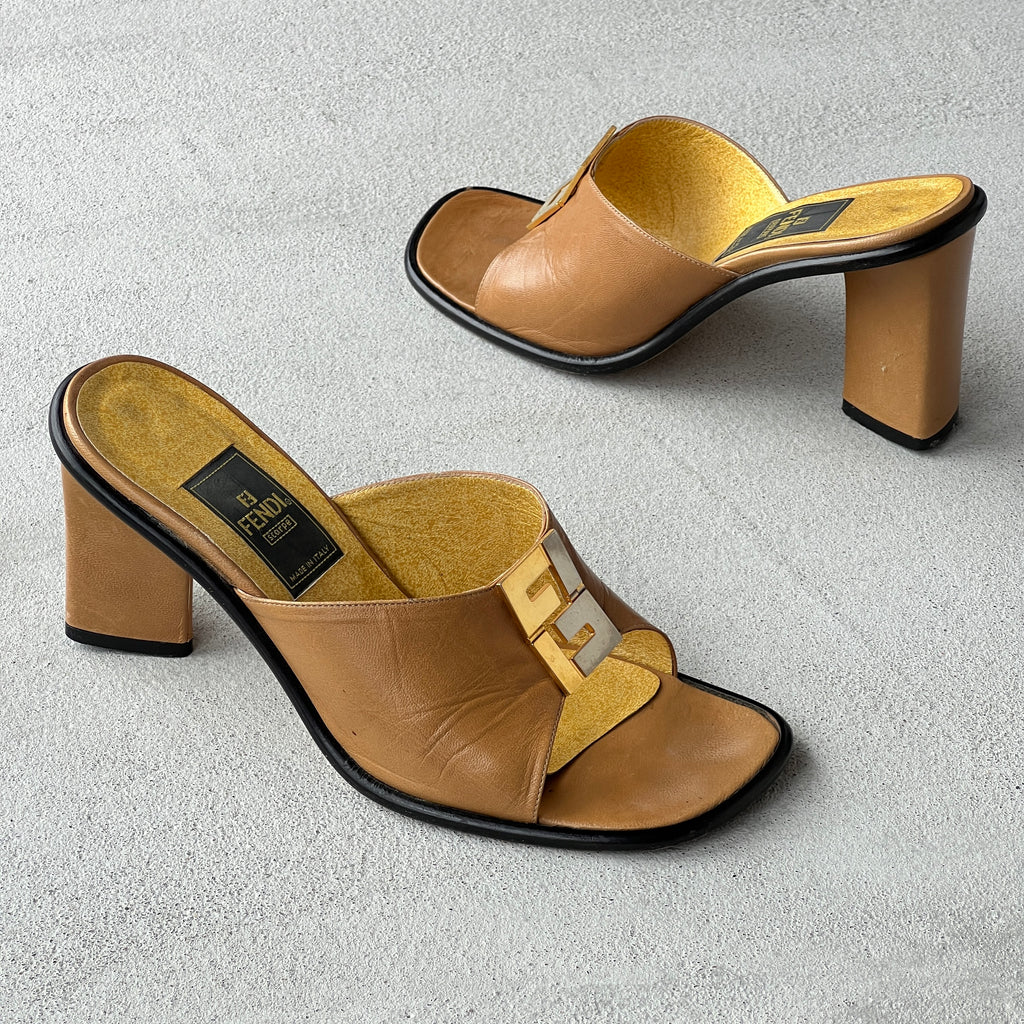 Fendi | Vintage FF Gold Silver Buckle Tan Leather Slide Mules (36.5)