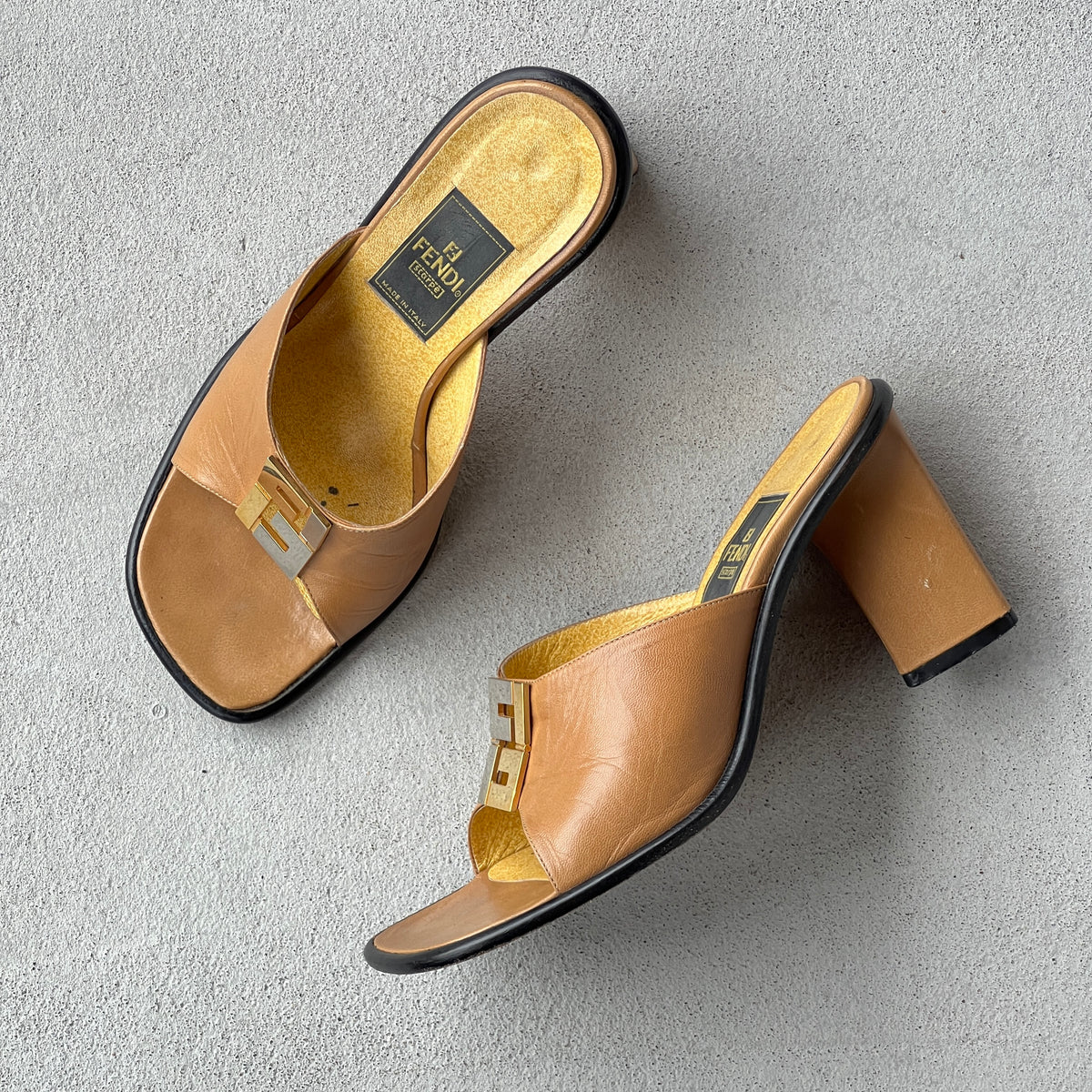 Fendi | Vintage FF Gold Silver Buckle Tan Leather Slide Mules (36.5)