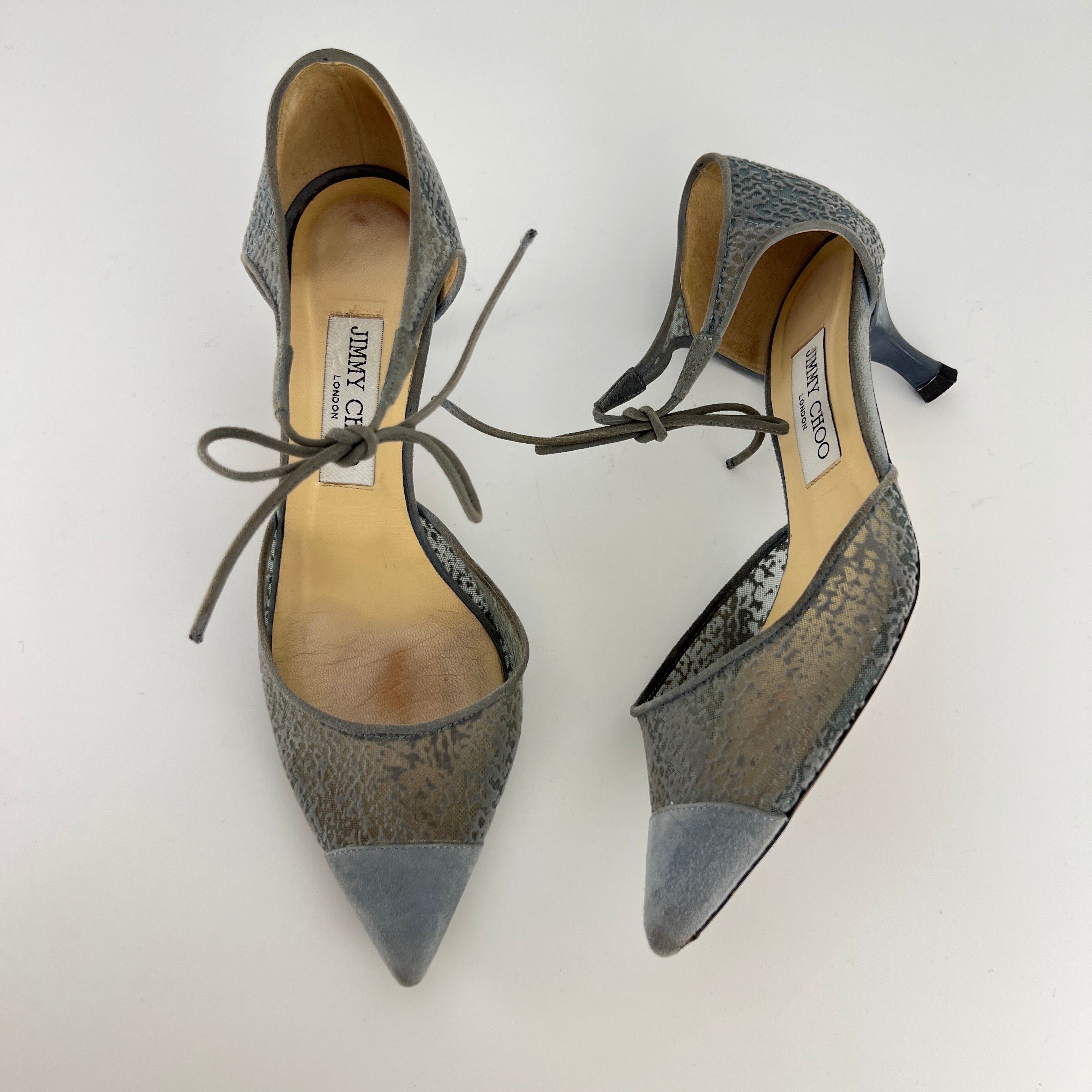 Jimmy Choo | Blue Grey Mesh Leather Ribbon Kitten Heel Pumps (38.5)