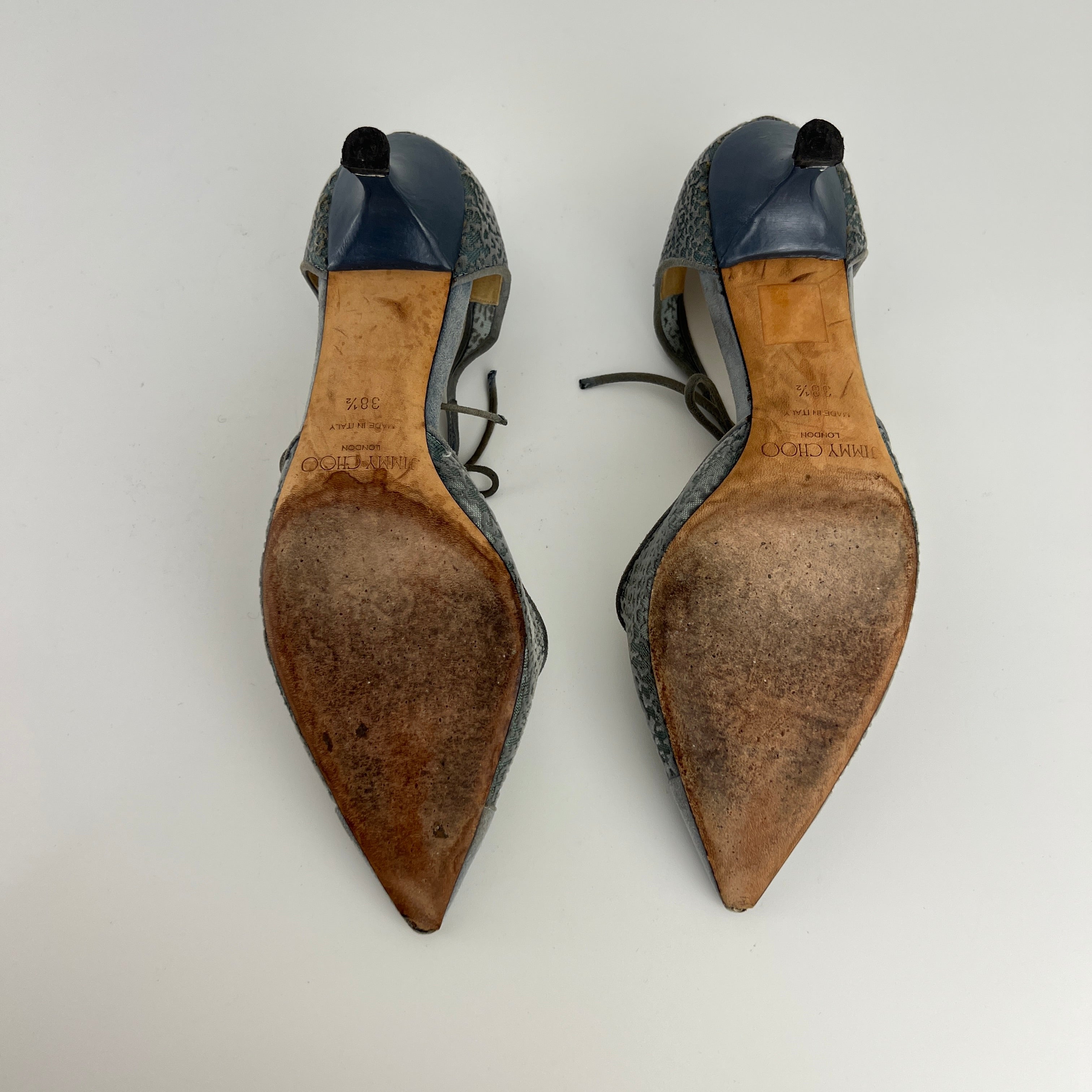 Jimmy Choo | Blue Grey Mesh Leather Ribbon Kitten Heel Pumps (38.5)