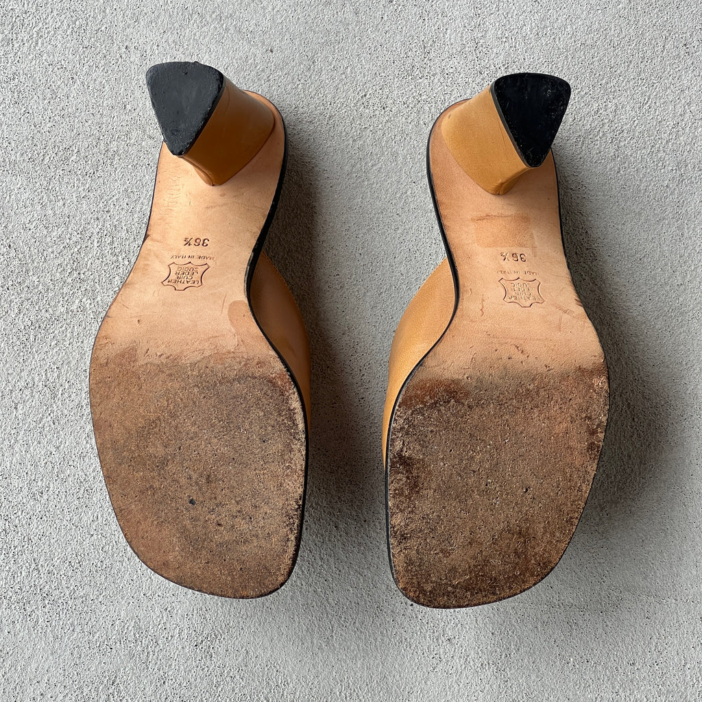 Fendi | Vintage FF Gold Silver Buckle Tan Leather Slide Mules (36.5)