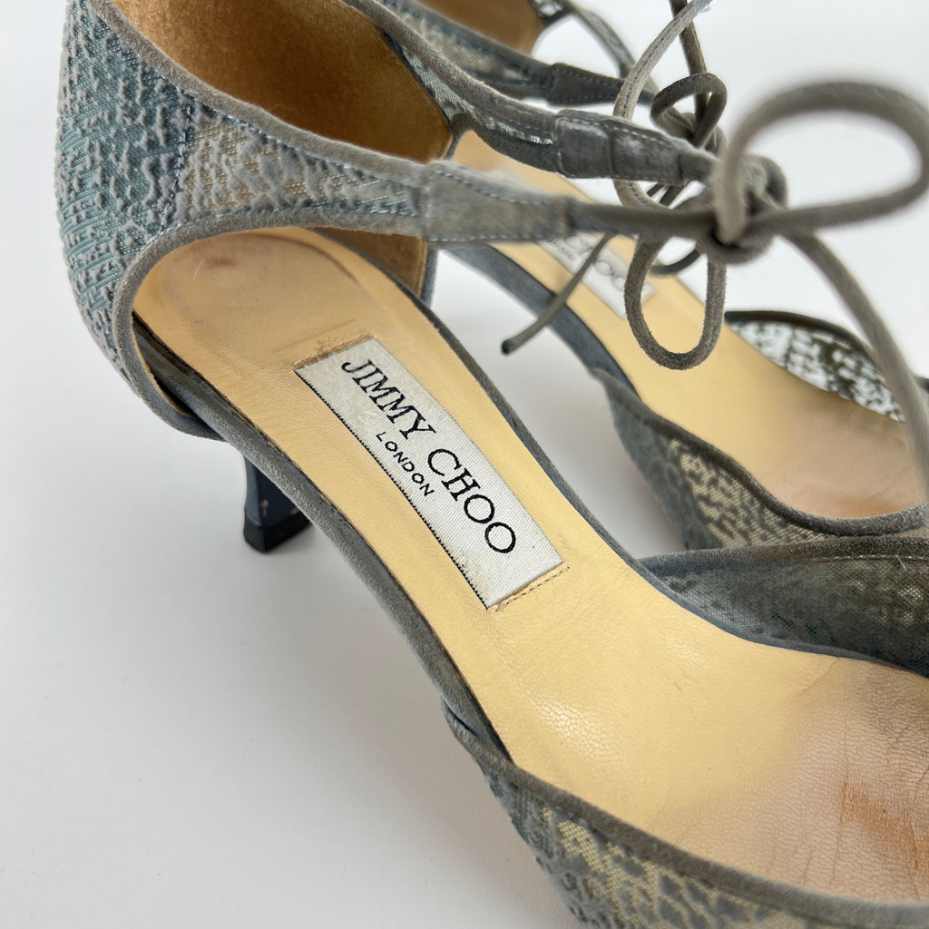 Jimmy Choo | Blue Grey Mesh Leather Ribbon Kitten Heel Pumps (38.5)