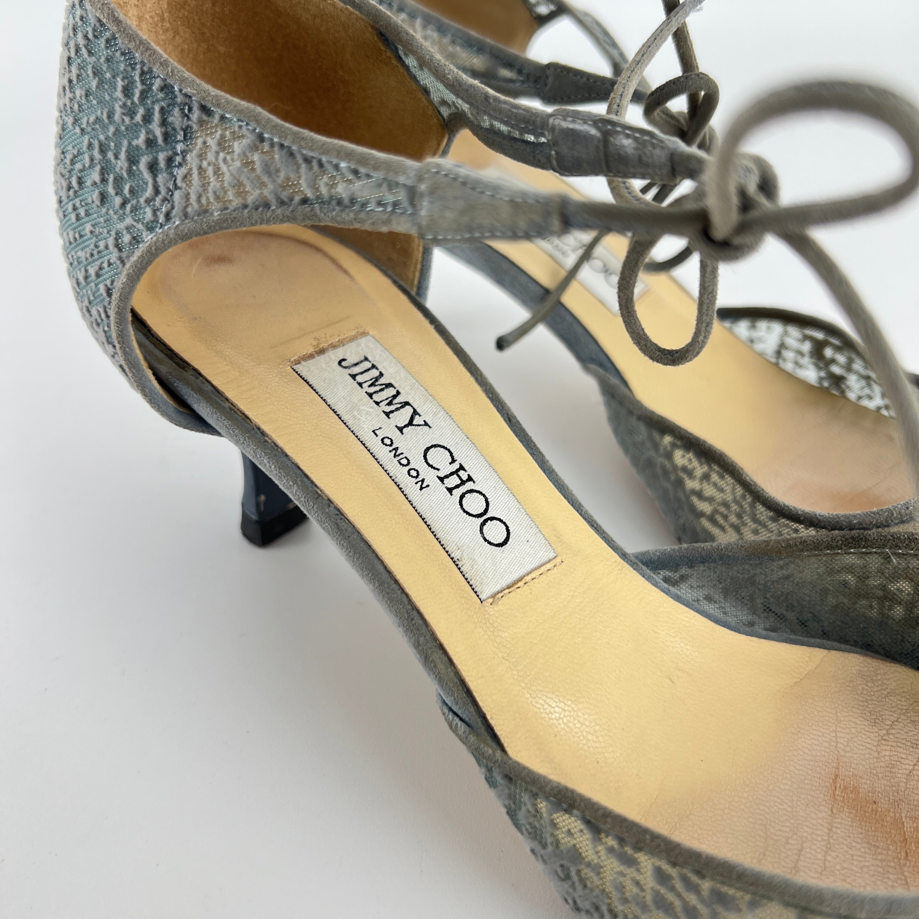 Jimmy Choo | Blue Grey Mesh Leather Ribbon Kitten Heel Pumps (38.5)