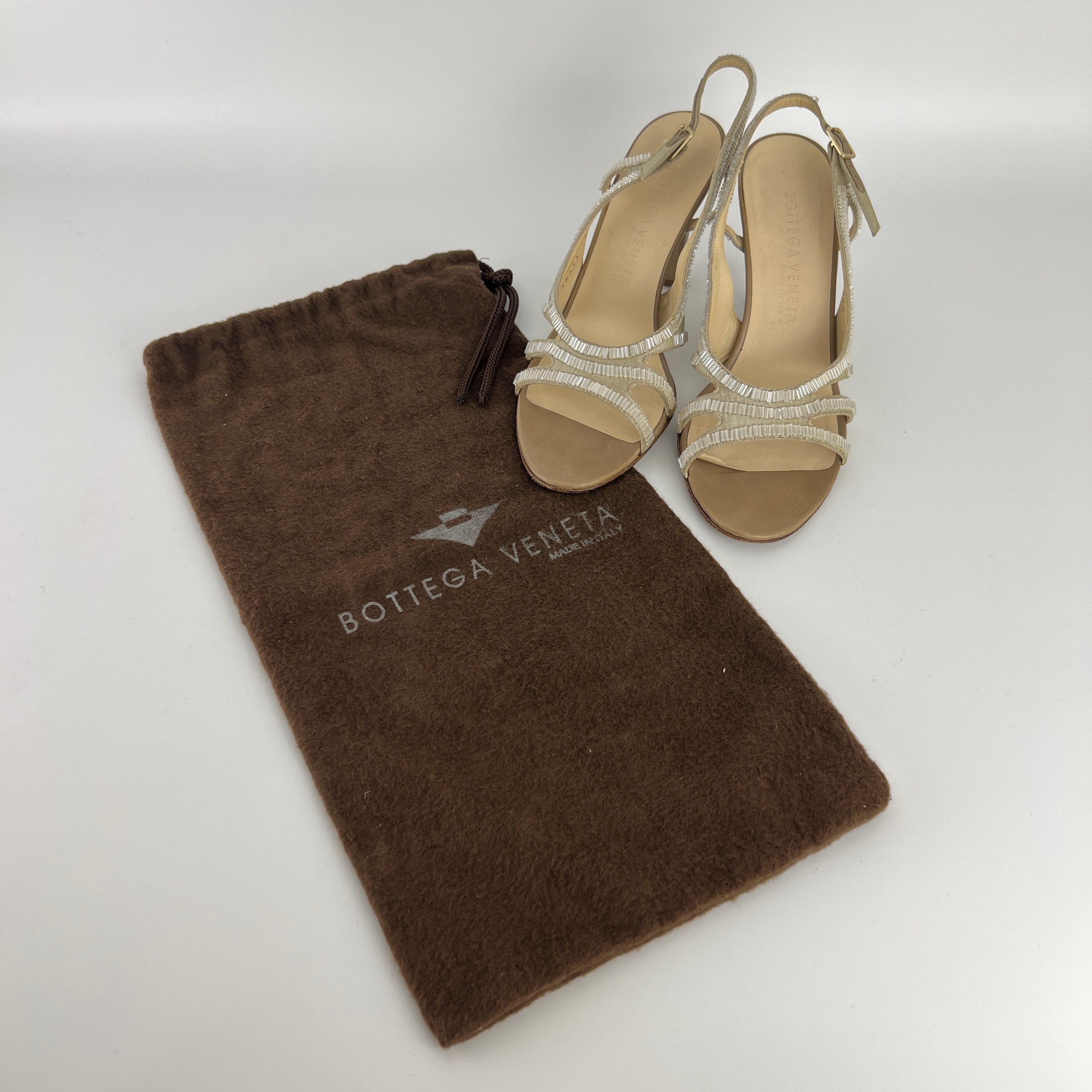 Bottega Veneta | Vintage Champagne Beaded Satin Leather Slingback Heels (34.5)