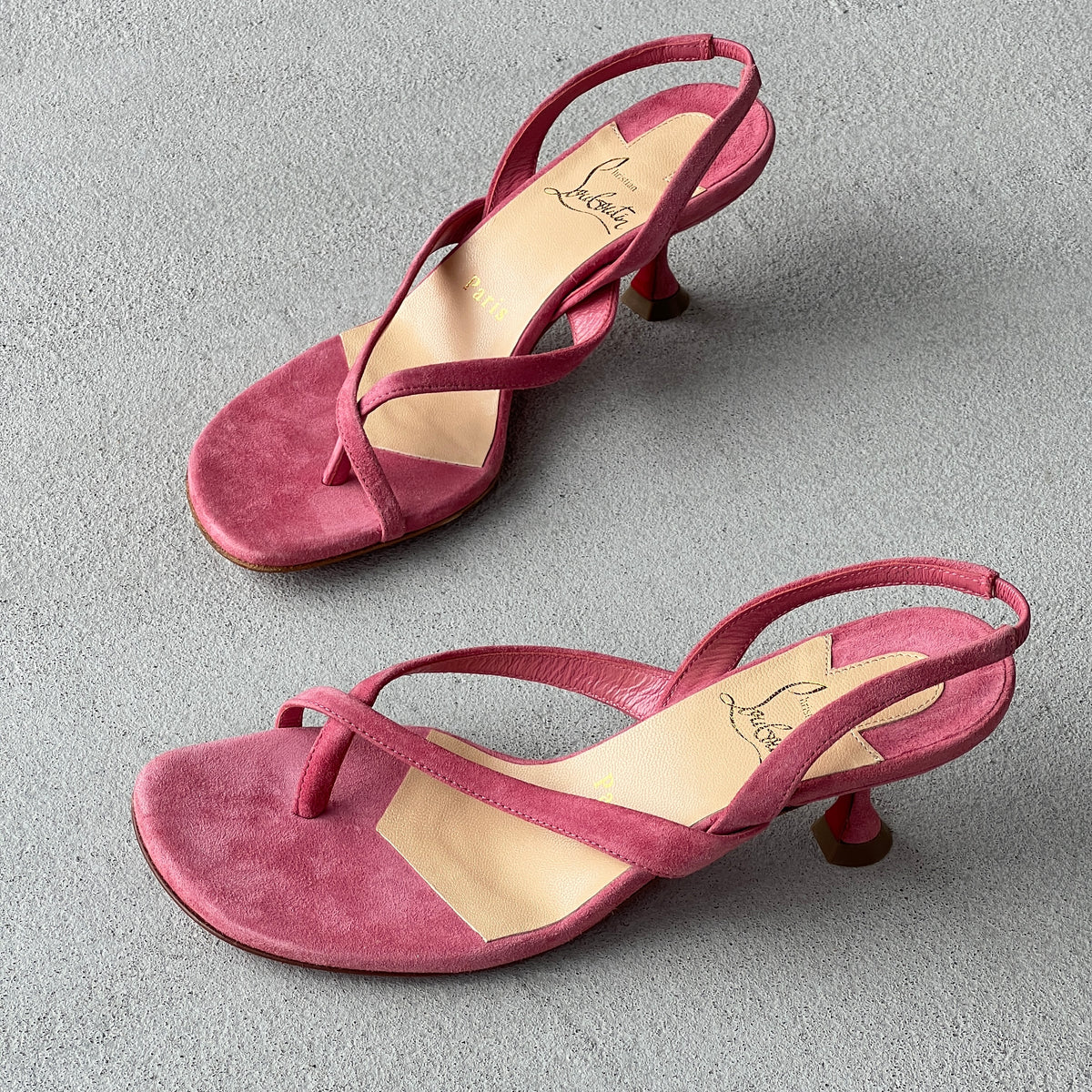 Louboutin | Taralita 55 Pink Suede Leather Thong Slingback Sandal Heels (36)