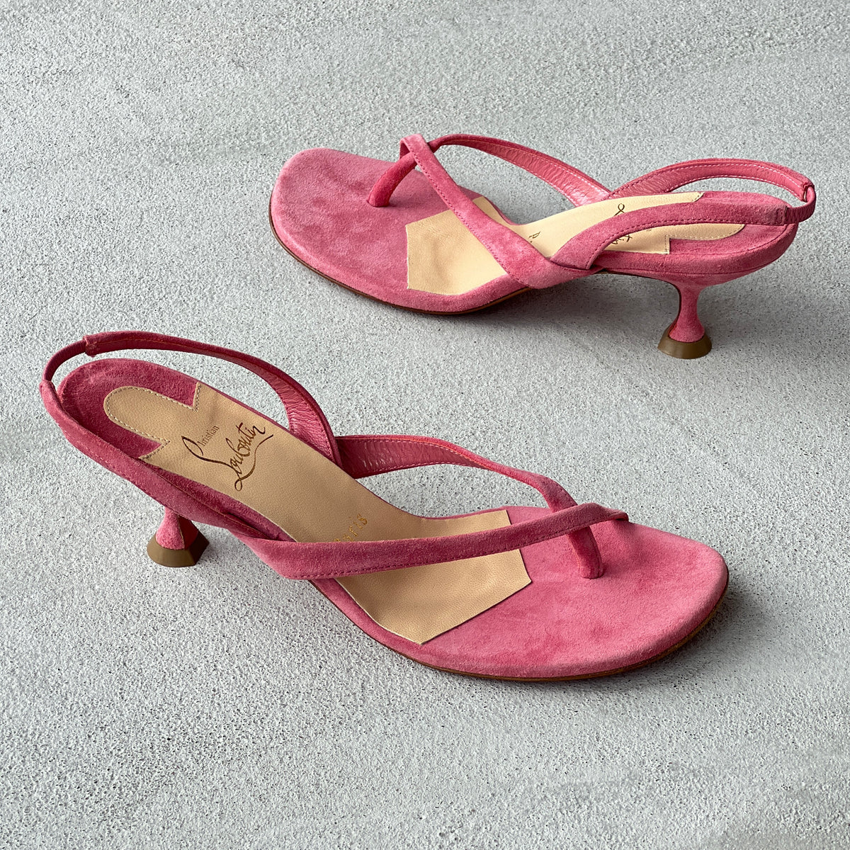 Louboutin | Taralita 55 Pink Suede Leather Thong Slingback Sandal Heels (36)