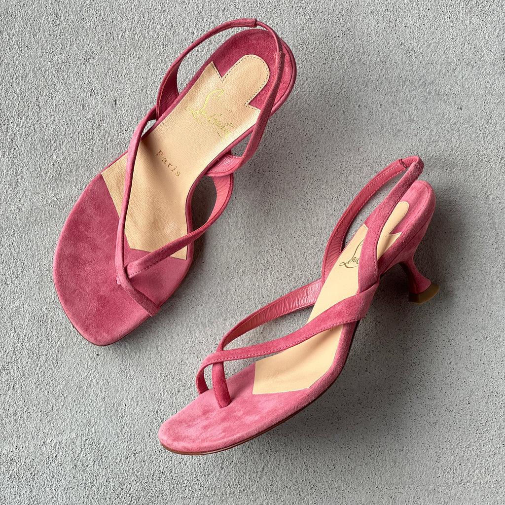 Louboutin | Taralita 55 Pink Suede Leather Thong Slingback Sandal Heels (36)