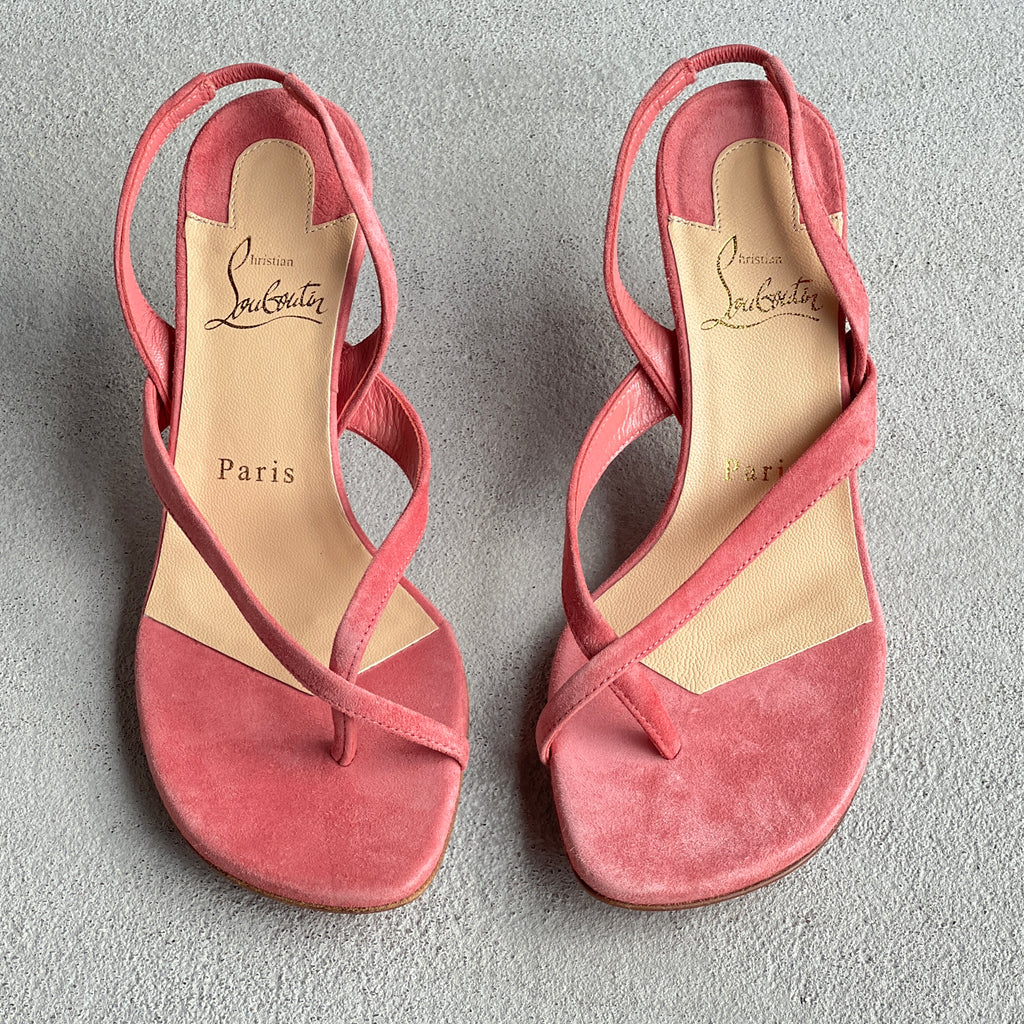 Louboutin | Taralita 55 Pink Suede Leather Thong Slingback Sandal Heels (36)