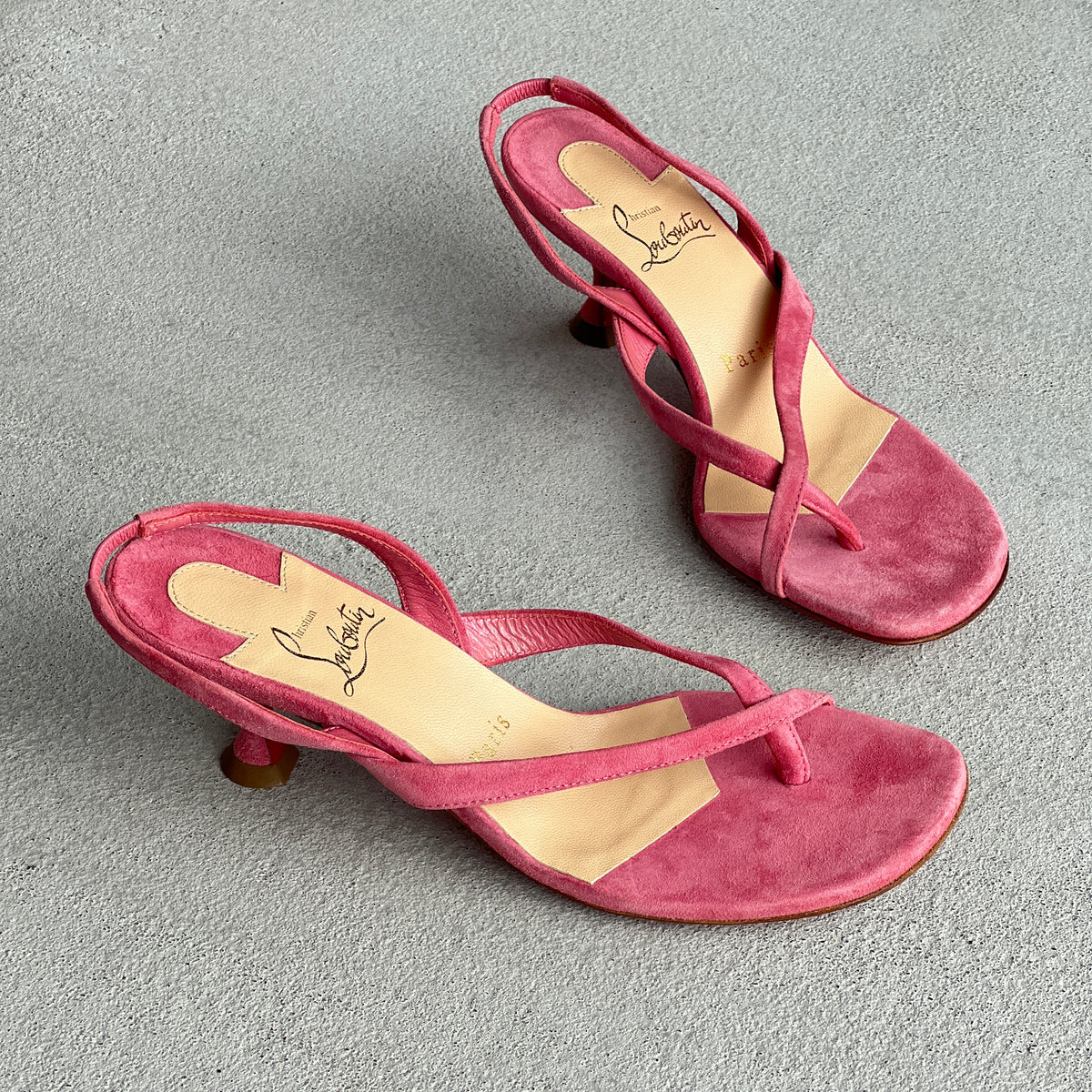 Louboutin | Taralita 55 Pink Suede Leather Thong Slingback Sandal Heels (36)
