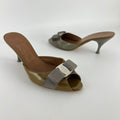 Ferragamo | Vara Bow Khaki Patent Leather Peep Toe Sandal Slide Mules (35.5, 5.5)