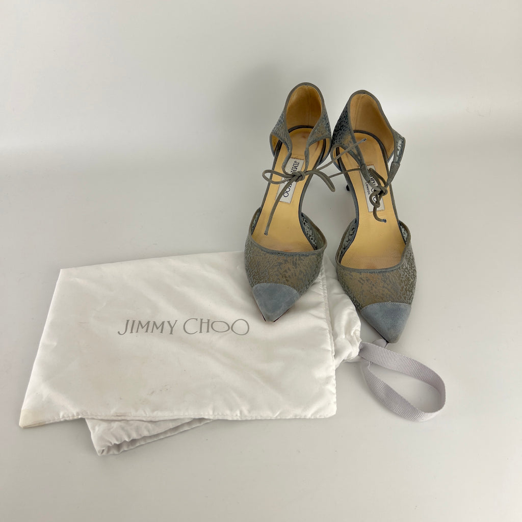 Jimmy Choo | Blue Grey Mesh Leather Ribbon Kitten Heel Pumps (38.5)