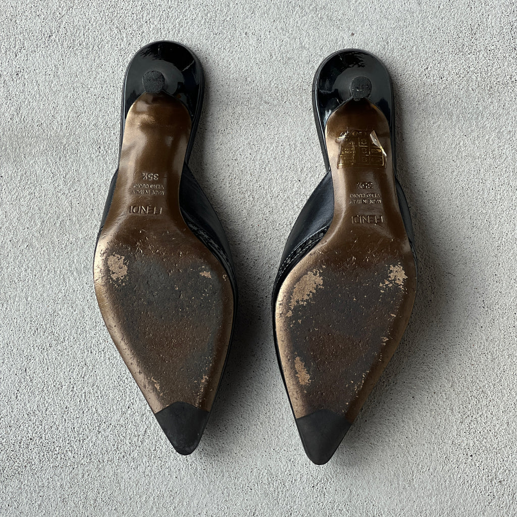 Fendi | Vintage Black Leather Pink Insole Brogue Detail Pointed Toe Mules (35.5)
