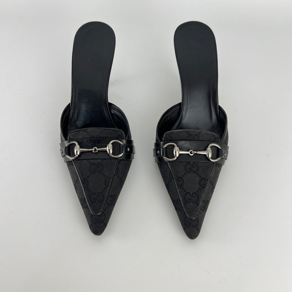 Gucci | Tom Ford Era Horse Bit Black GG Monogram Canvas Pointed Toe Mules (35)