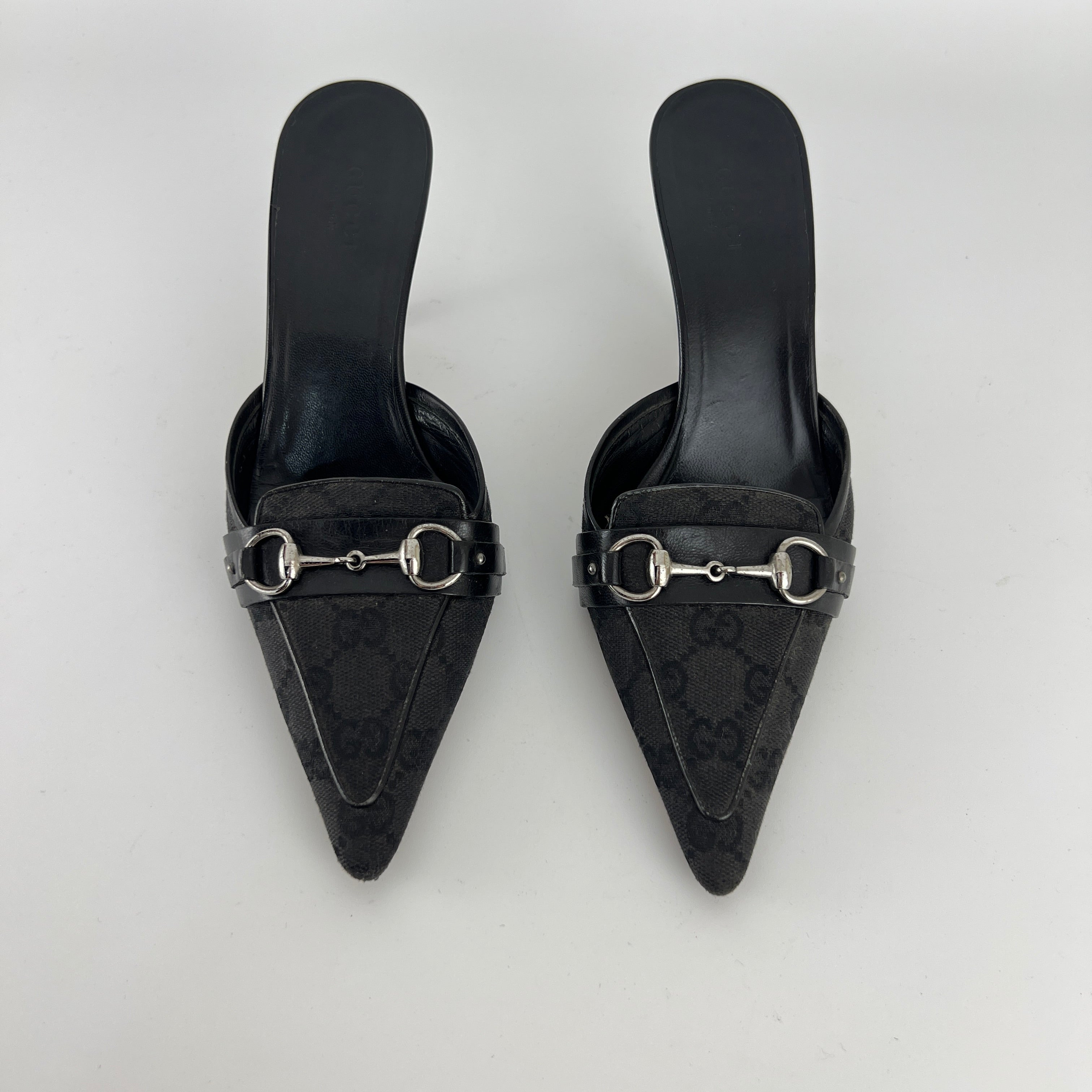 Gucci | Tom Ford Era Horse Bit Black GG Monogram Canvas Pointed Toe Mules (35)