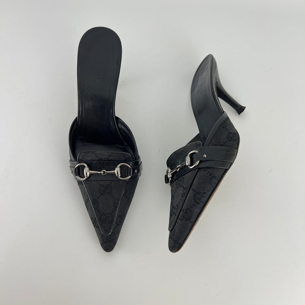 Gucci | Tom Ford Era Horse Bit Black GG Monogram Canvas Pointed Toe Mules (35)
