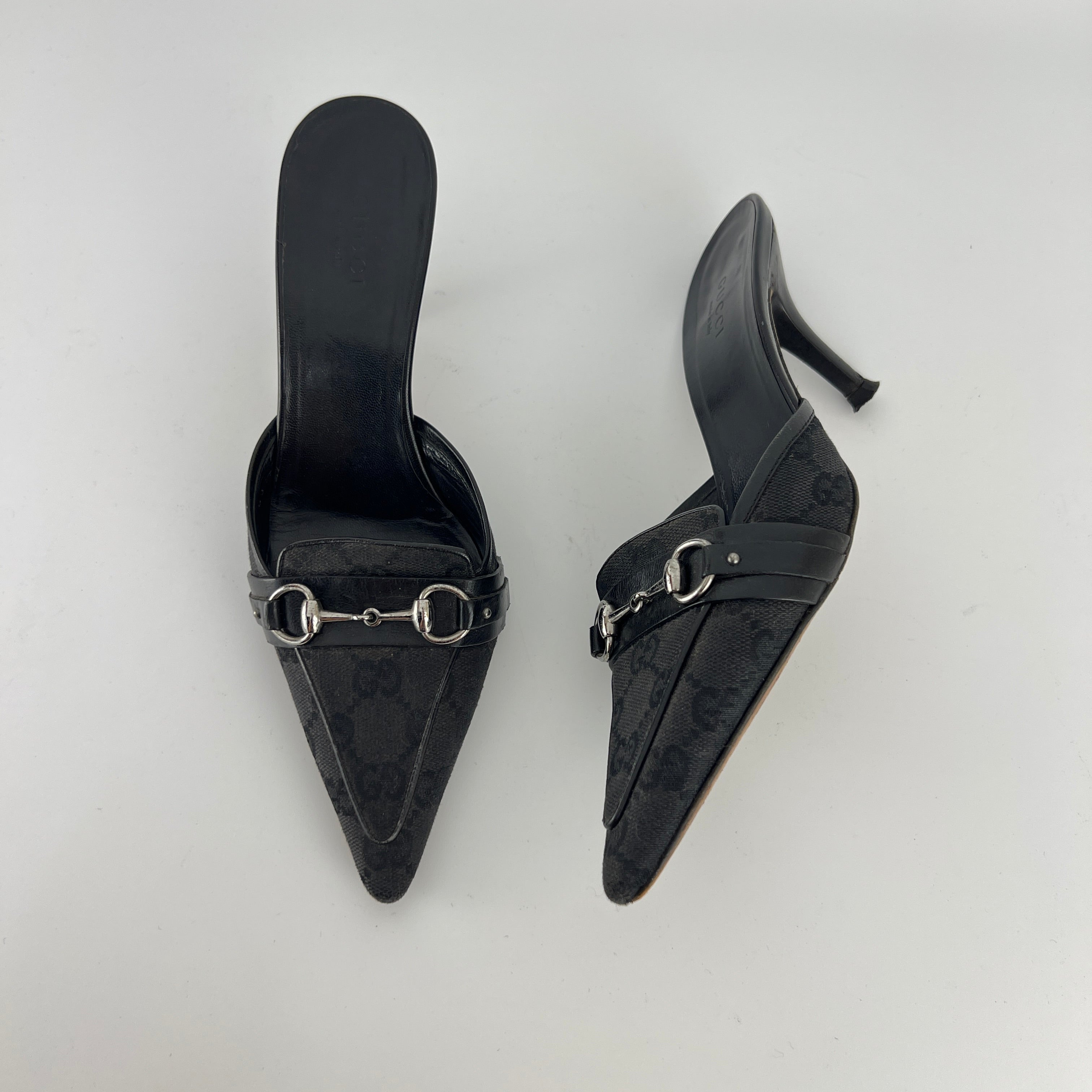 Gucci | Tom Ford Era Horse Bit Black GG Monogram Canvas Pointed Toe Mules (35)