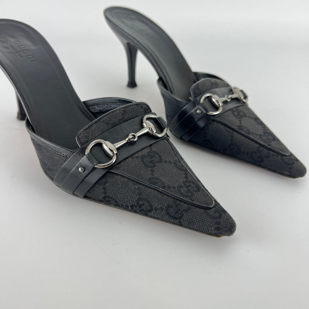 Gucci | Tom Ford Era Horse Bit Black GG Monogram Canvas Pointed Toe Mules (35)