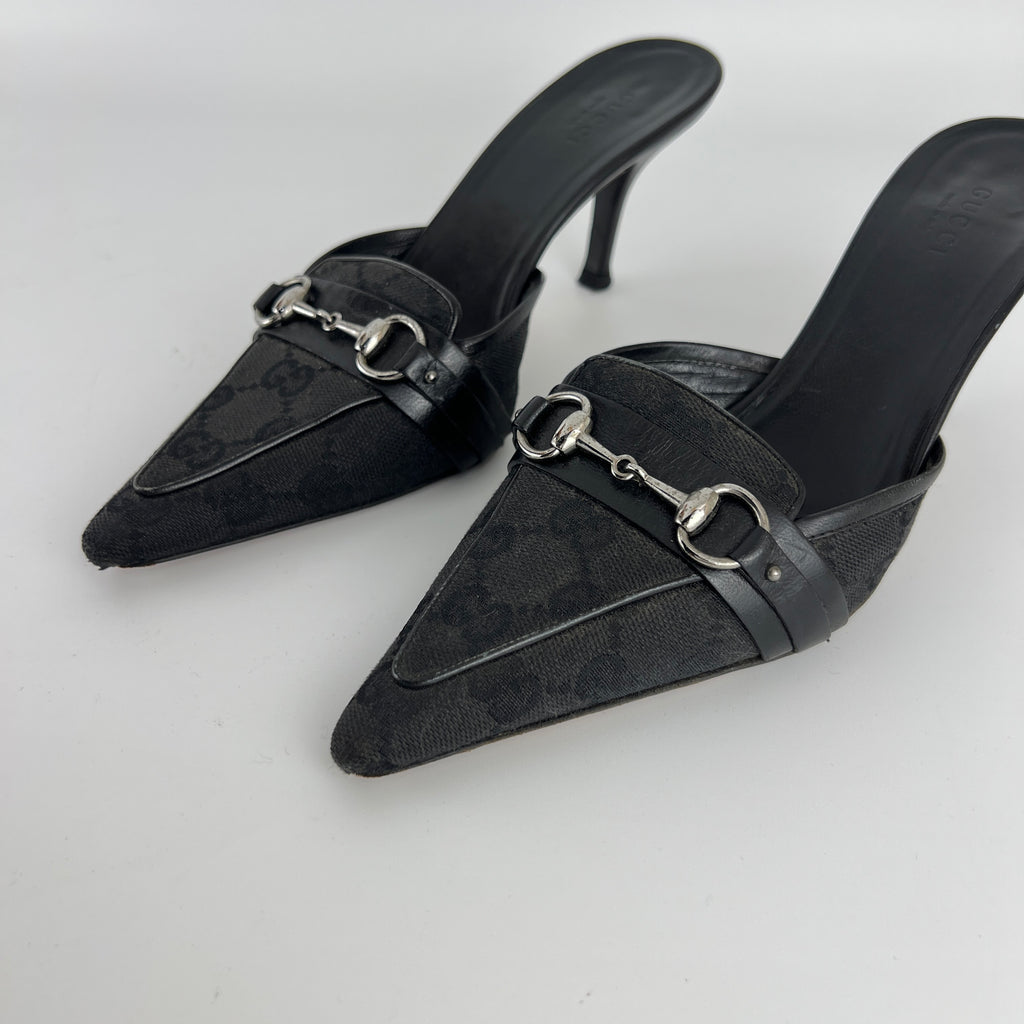 Gucci | Tom Ford Era Horse Bit Black GG Monogram Canvas Pointed Toe Mules (35)