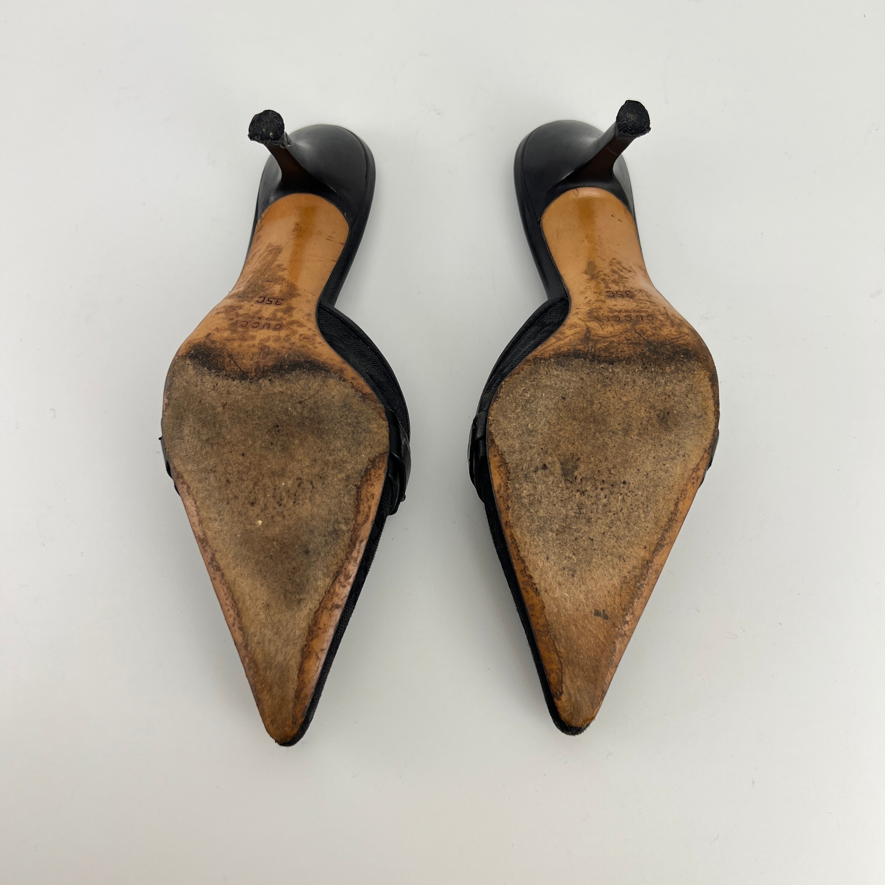 Gucci | Tom Ford Era Horse Bit Black GG Monogram Canvas Pointed Toe Mules (35)