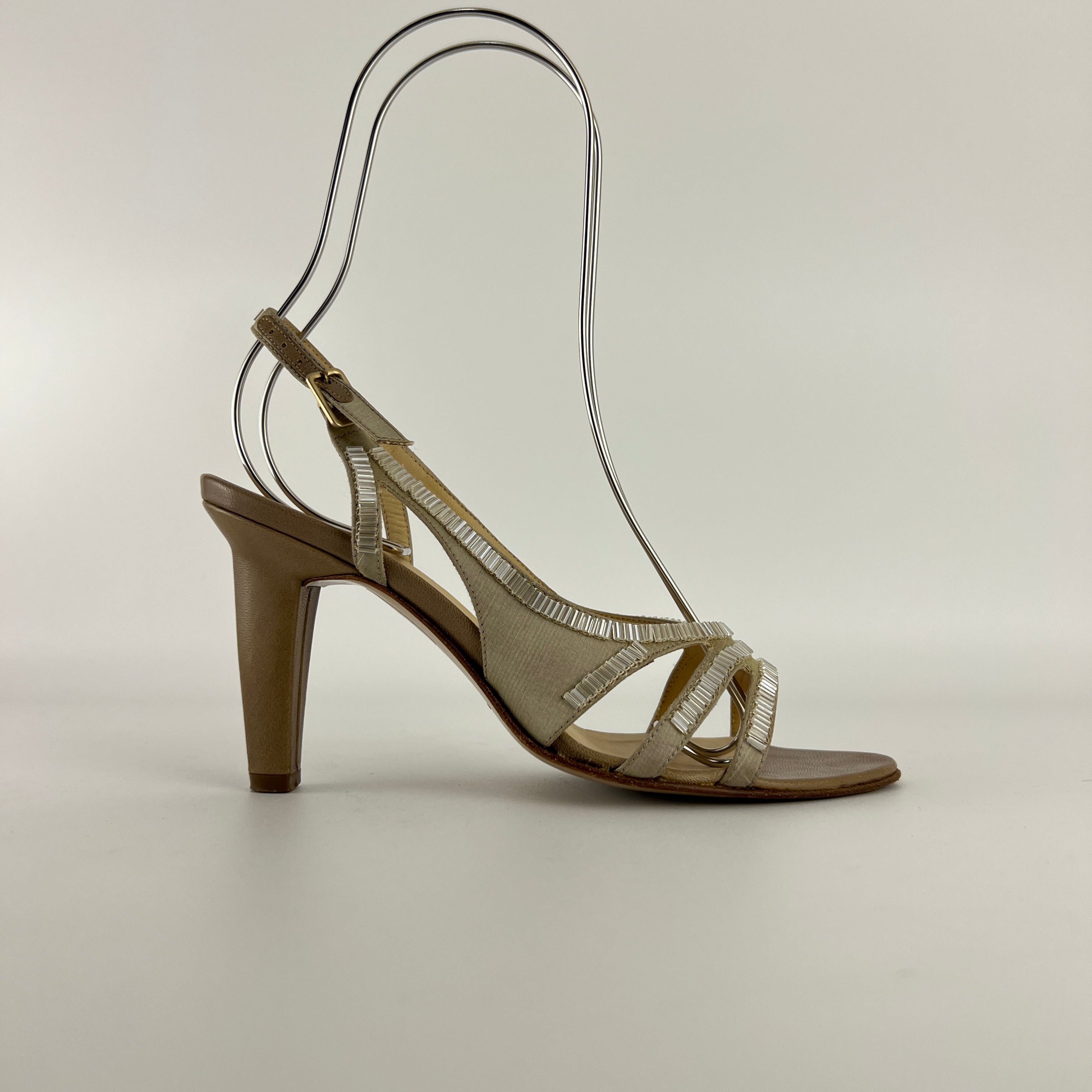 Bottega Veneta | Vintage Champagne Beaded Satin Leather Slingback Heels (34.5)