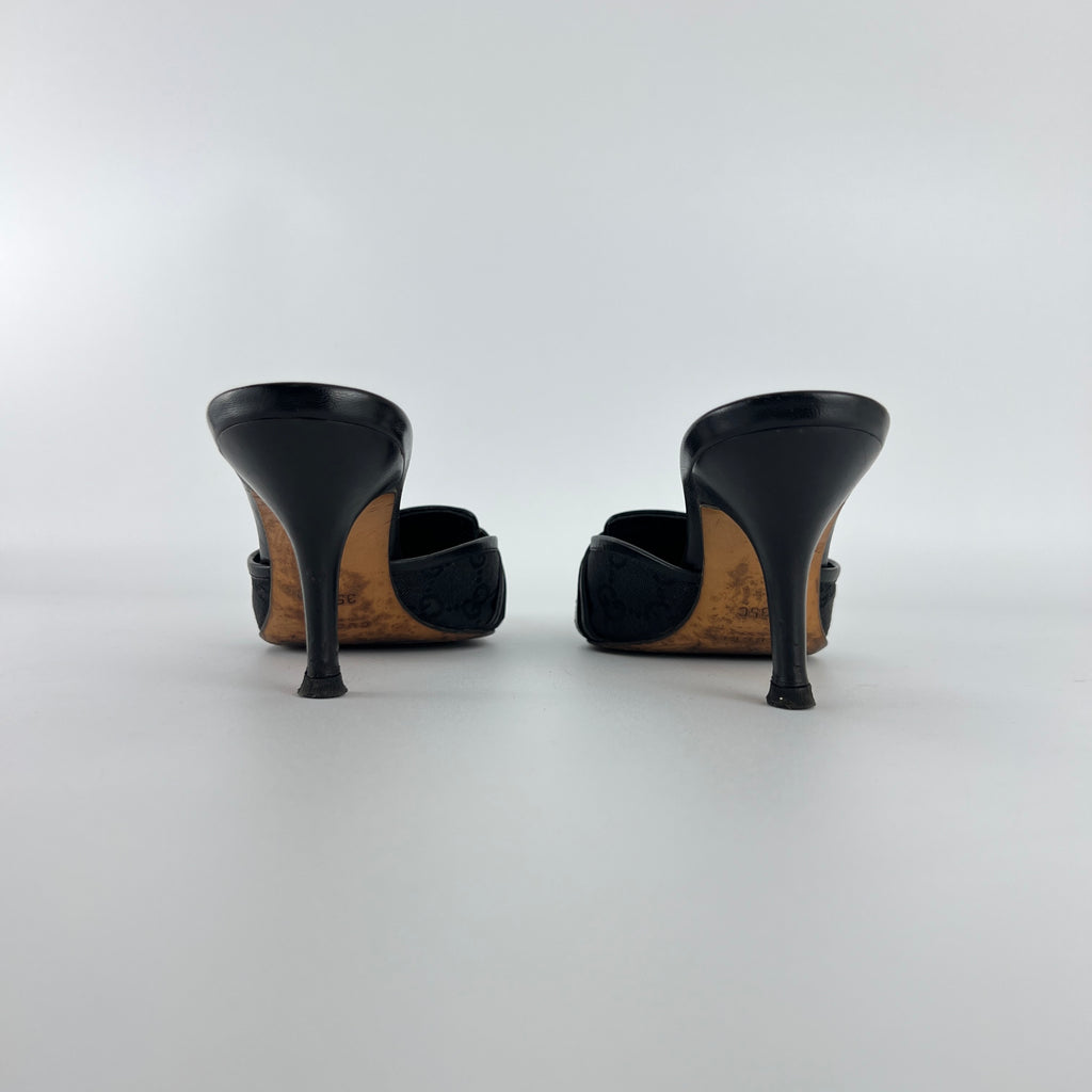 Gucci | Tom Ford Era Horse Bit Black GG Monogram Canvas Pointed Toe Mules (35)