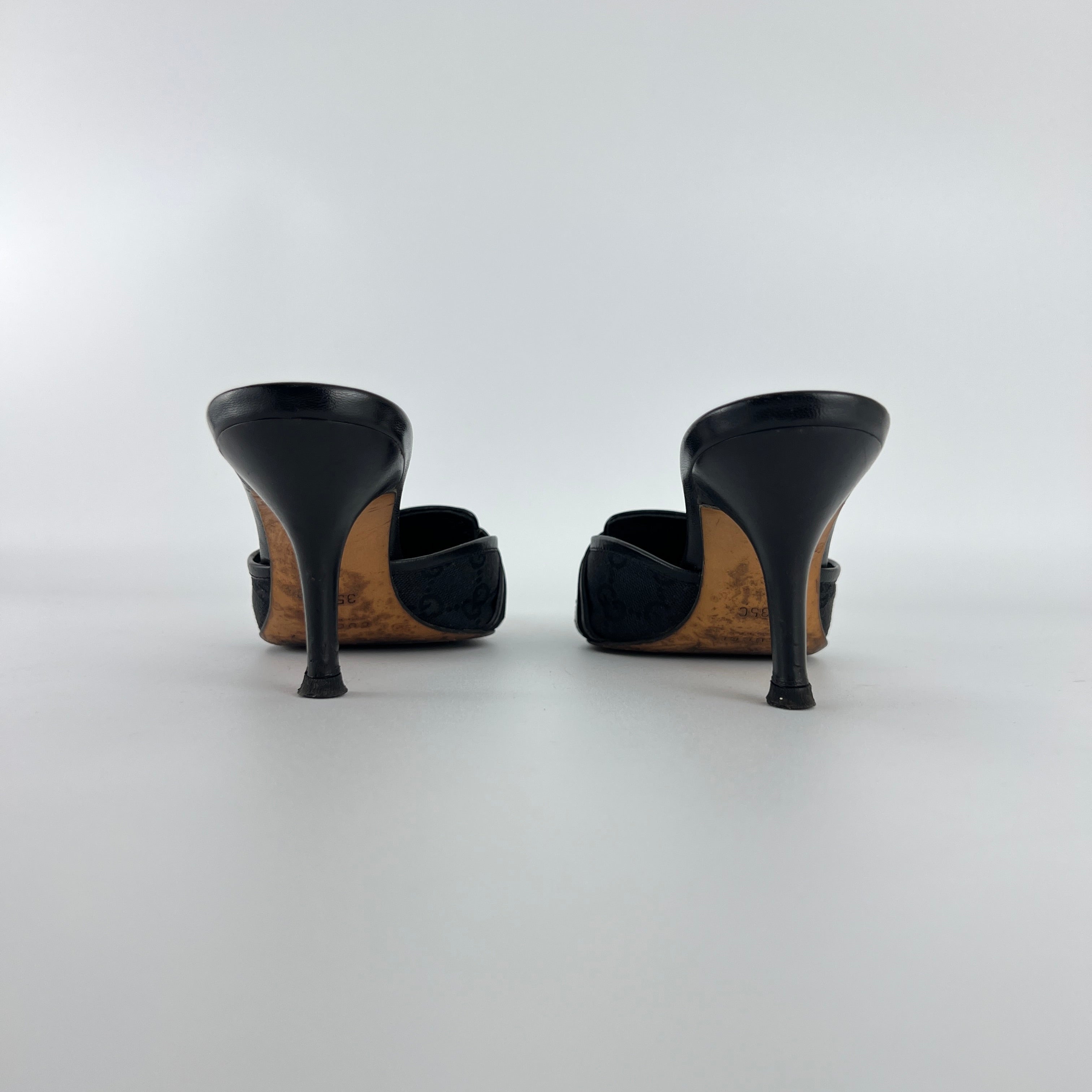 Gucci | Tom Ford Era Horse Bit Black GG Monogram Canvas Pointed Toe Mules (35)
