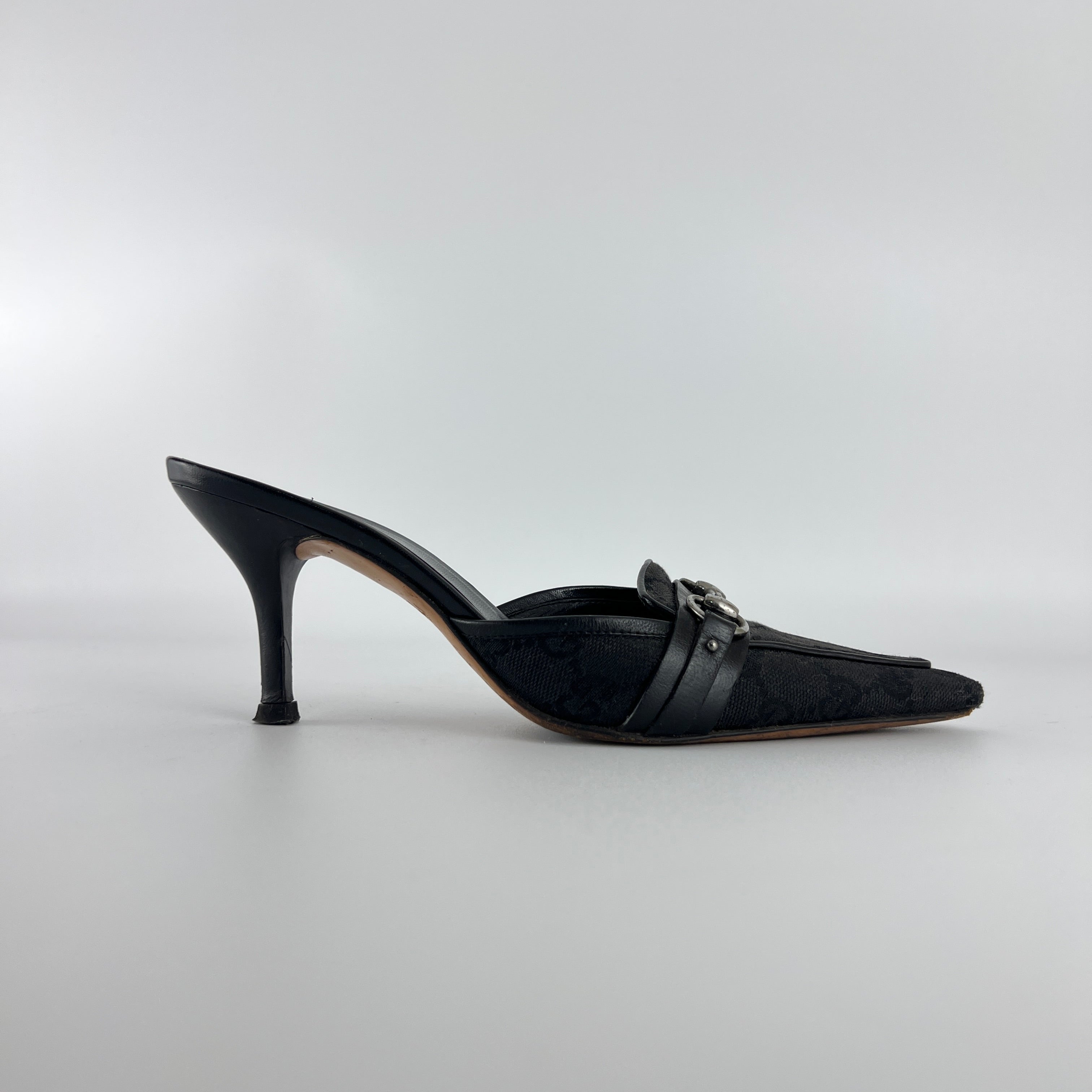 Gucci | Tom Ford Era Horse Bit Black GG Monogram Canvas Pointed Toe Mules (35)