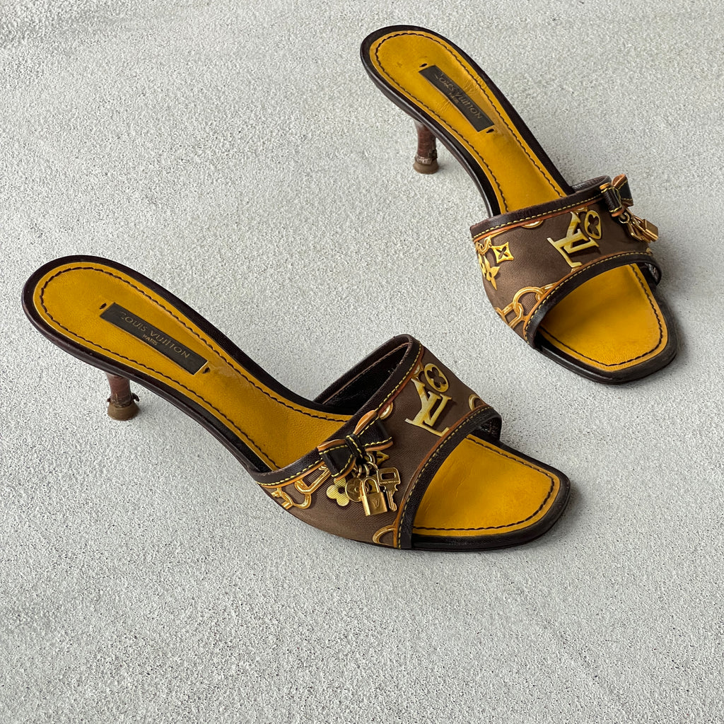 Louis Vuitton | Vintage 2000s LV Monogram Logo Padlock Charm Kitten Heel Mules (36.5)