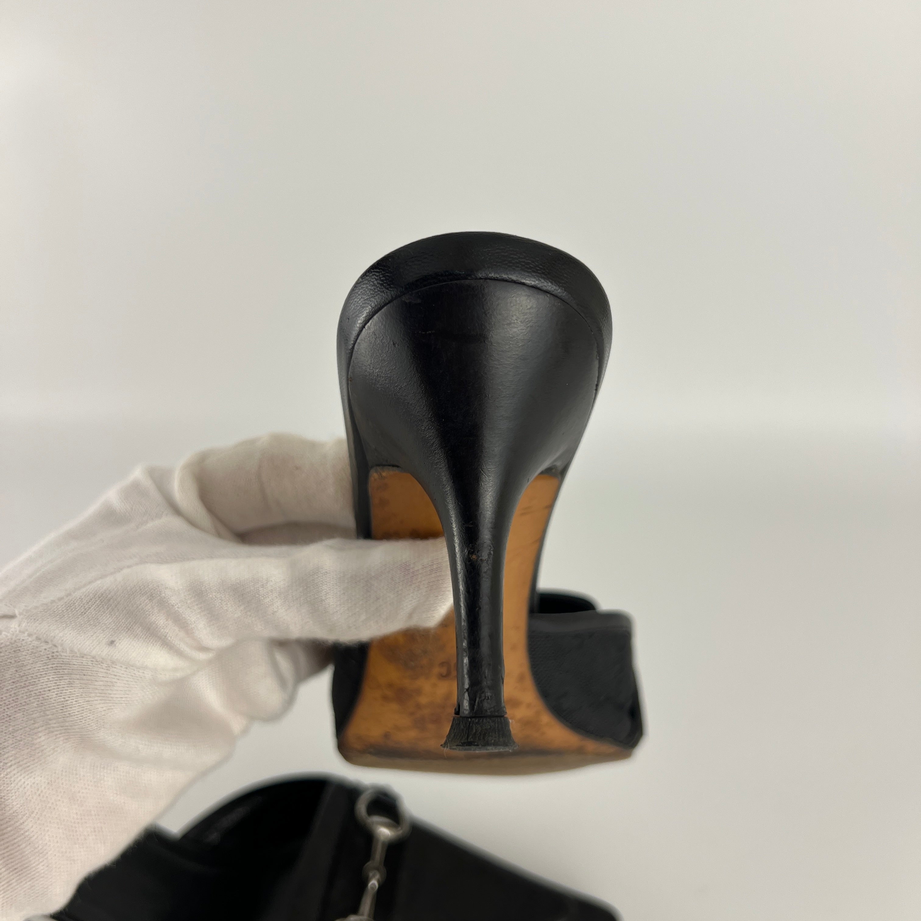 Gucci | Tom Ford Era Horse Bit Black GG Monogram Canvas Pointed Toe Mules (35)