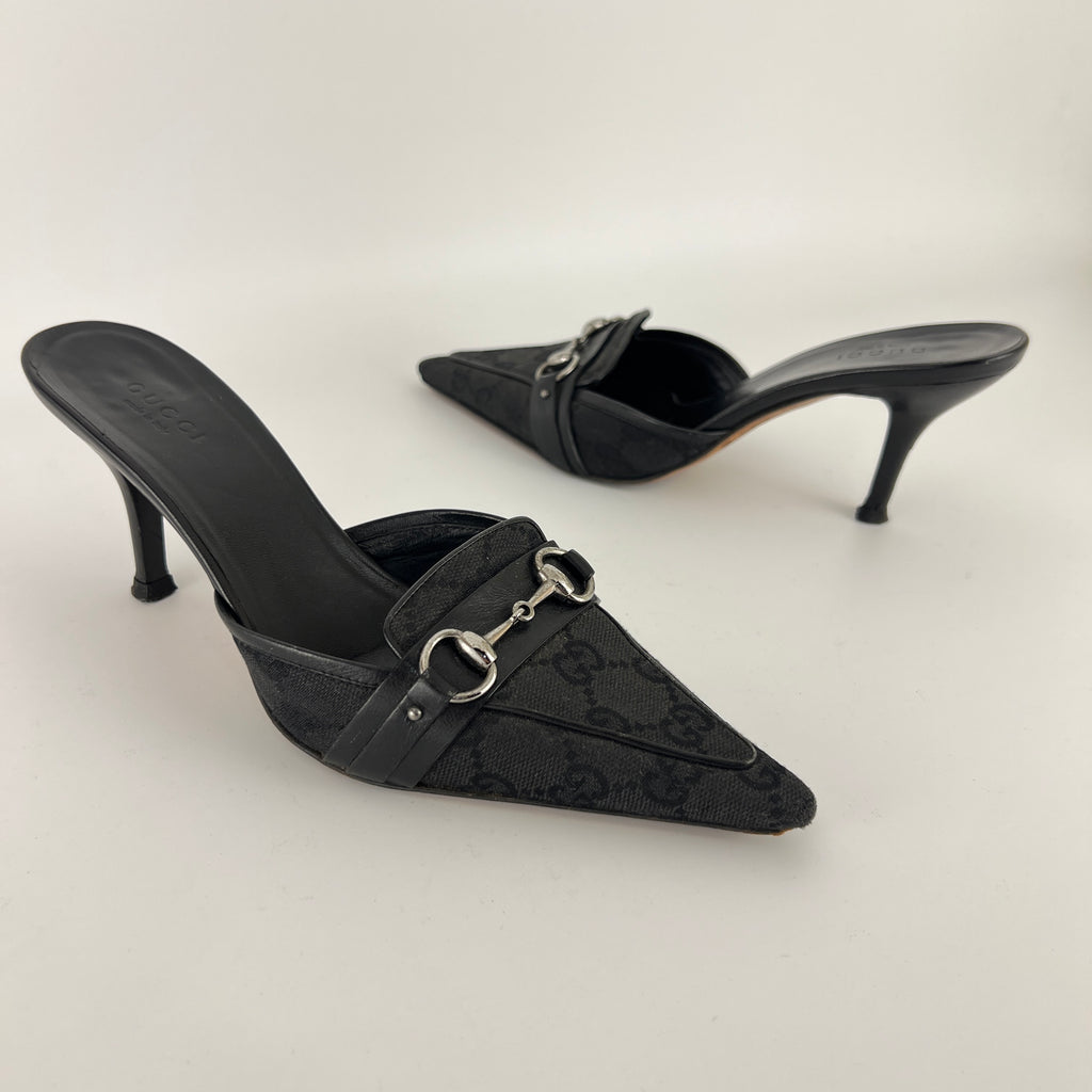 Gucci | Tom Ford Era Horse Bit Black GG Monogram Canvas Pointed Toe Mules (35)