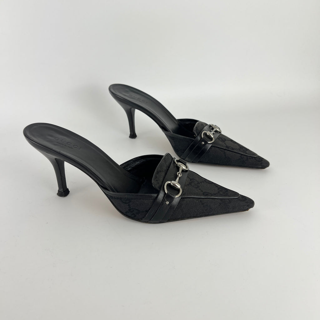 Gucci | Tom Ford Era Horse Bit Black GG Monogram Canvas Pointed Toe Mules (35)