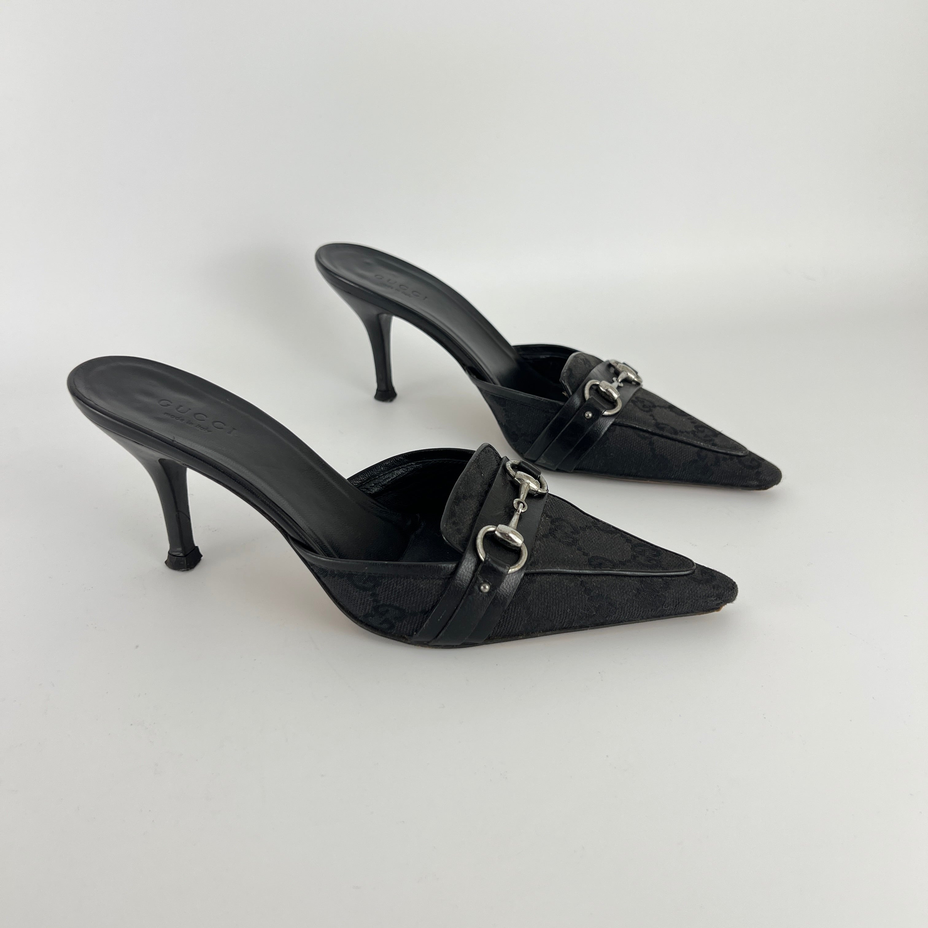 Gucci | Tom Ford Era Horse Bit Black GG Monogram Canvas Pointed Toe Mules (35)