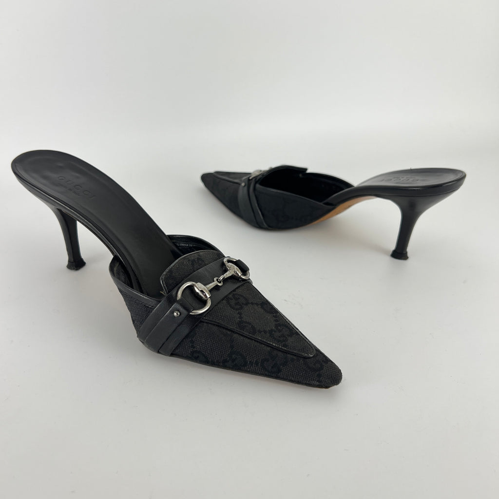 Gucci | Tom Ford Era Horse Bit Black GG Monogram Canvas Pointed Toe Mules (35)