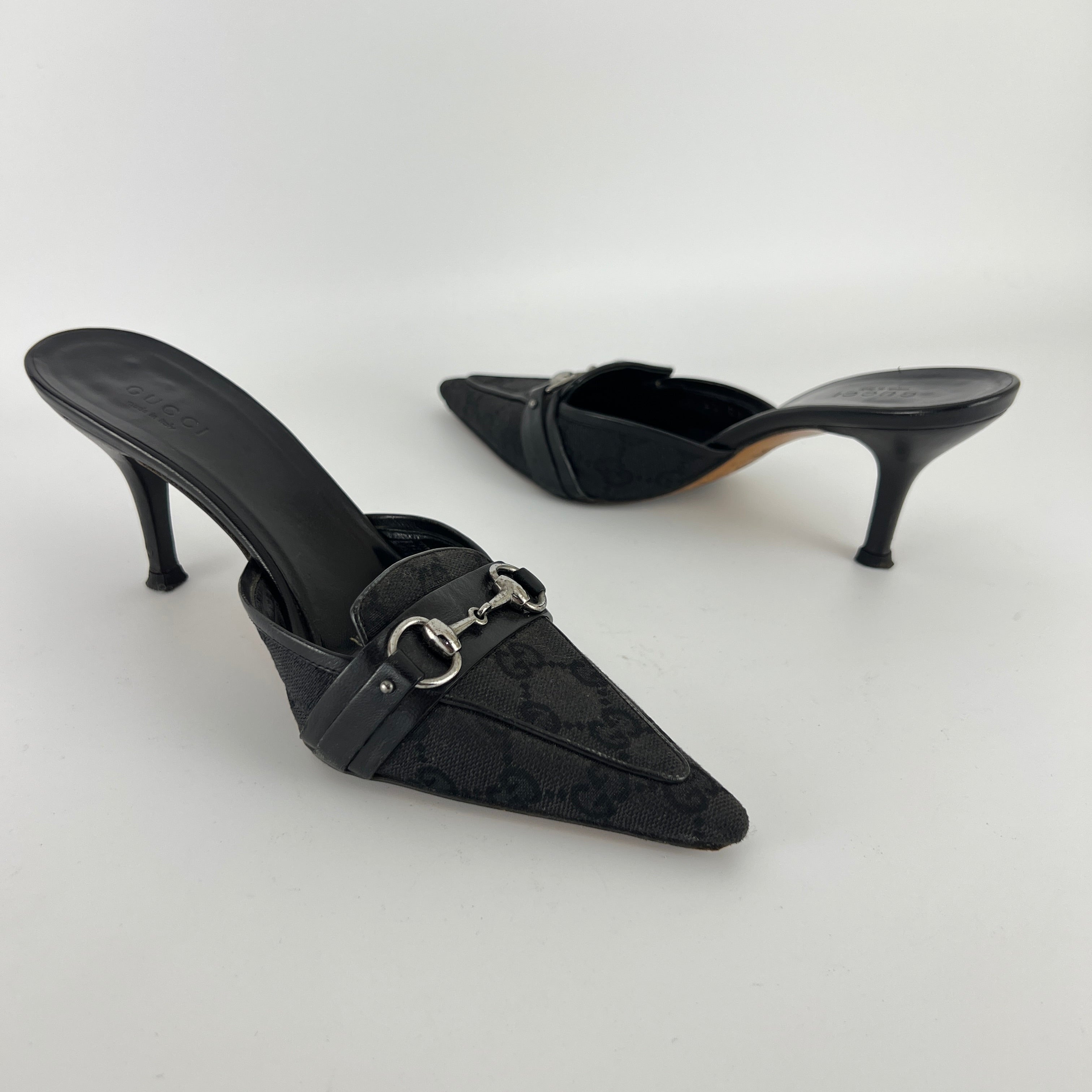 Gucci | Tom Ford Era Horse Bit Black GG Monogram Canvas Pointed Toe Mules (35)