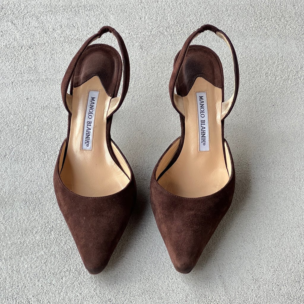 Manolo Blahnik | Carolyne Brown Suede Leather Pointed Toe Slingback Heel (38)