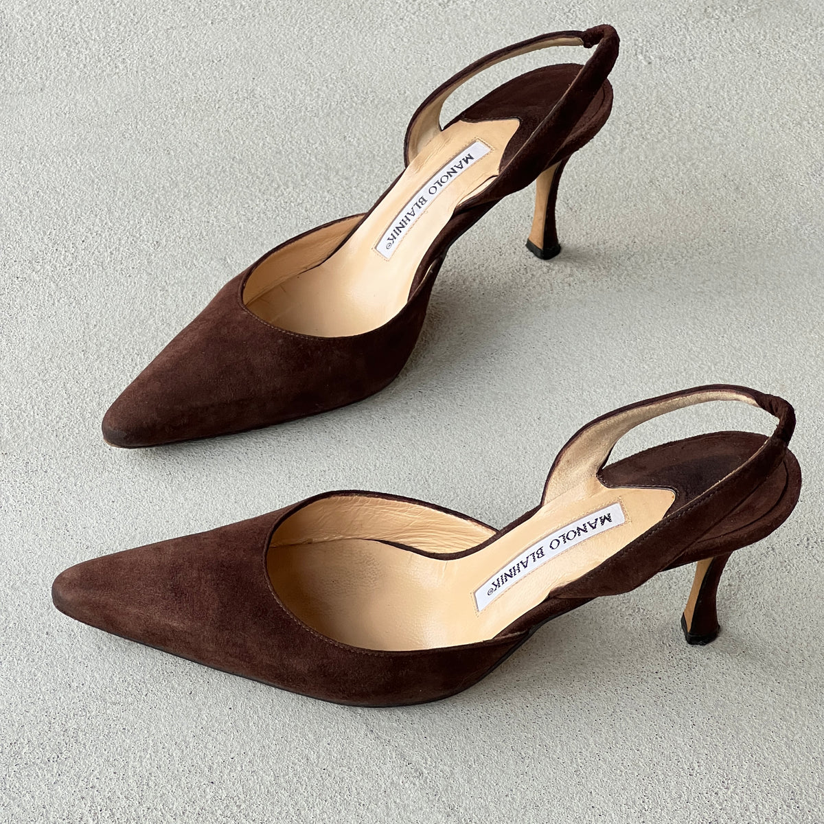 Manolo Blahnik | Carolyne Brown Suede Leather Pointed Toe Slingback Heel (38)