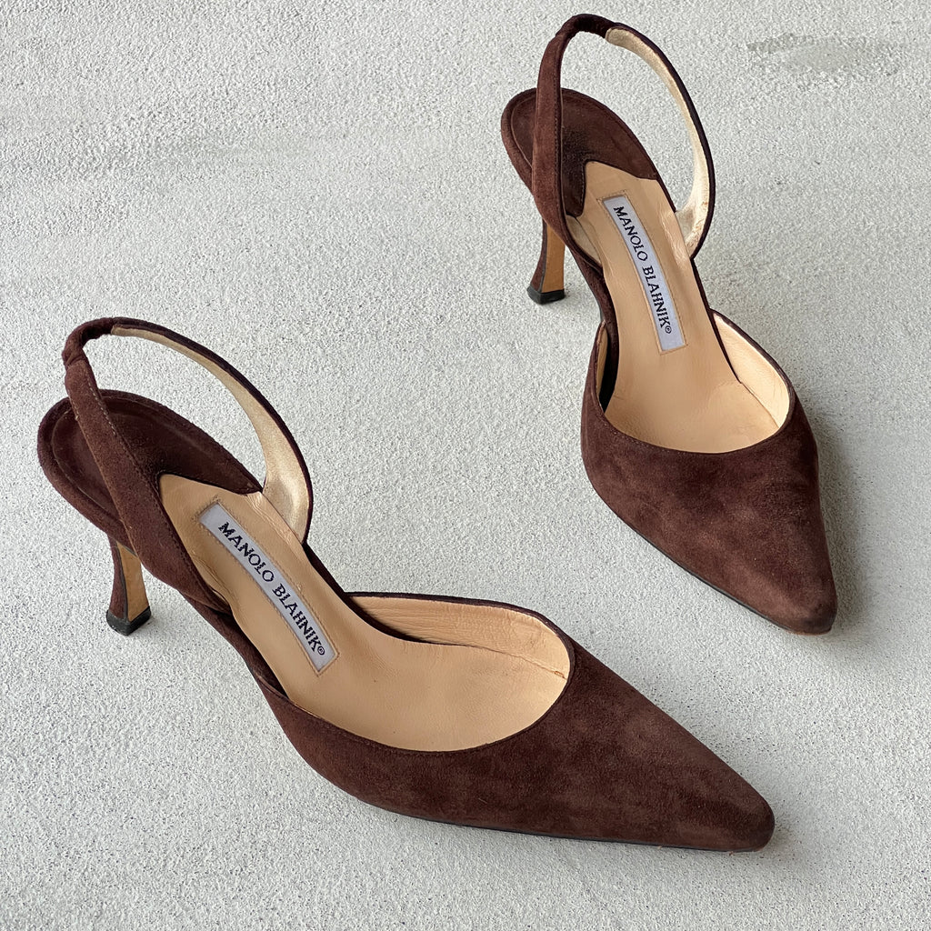 Manolo Blahnik | Carolyne Brown Suede Leather Pointed Toe Slingback Heel (38)