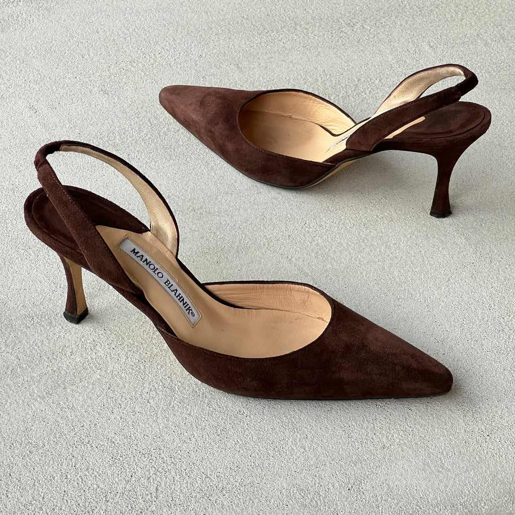 Manolo Blahnik | Carolyne Brown Suede Leather Pointed Toe Slingback Heel (38)
