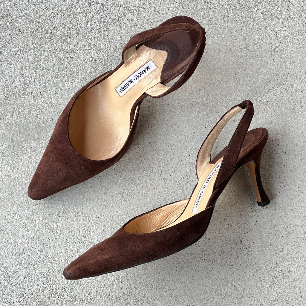 Manolo Blahnik | Carolyne Brown Suede Leather Pointed Toe Slingback Heel (38)