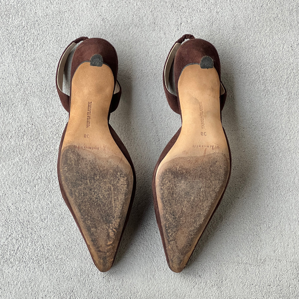 Manolo Blahnik | Carolyne Brown Suede Leather Pointed Toe Slingback Heel (38)
