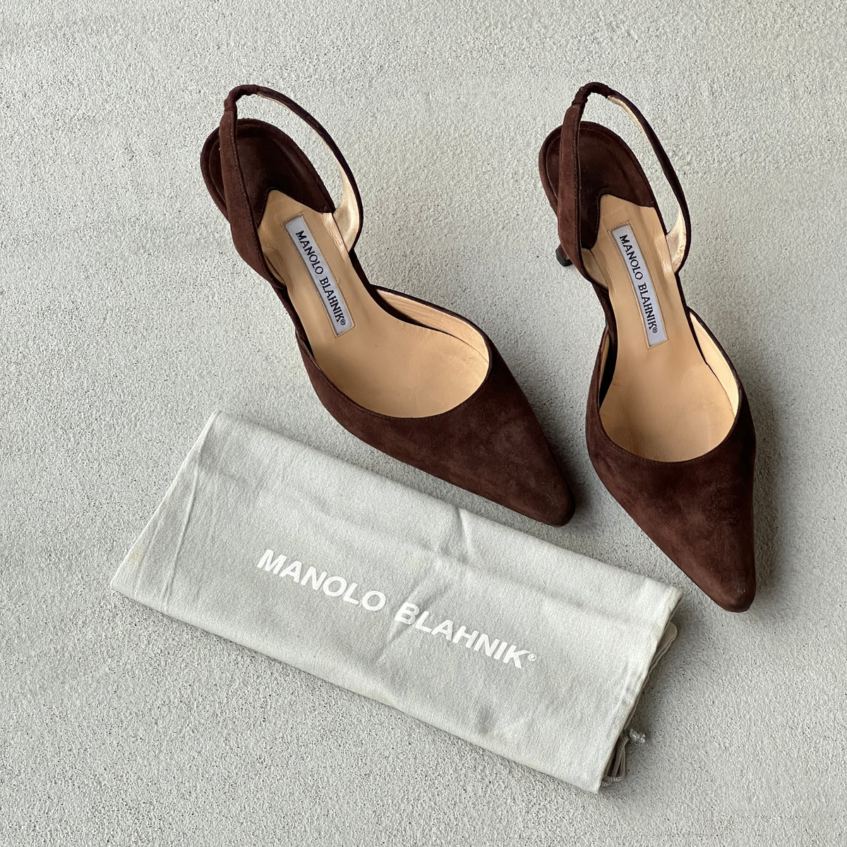Manolo Blahnik | Carolyne Brown Suede Leather Pointed Toe Slingback Heel (38)